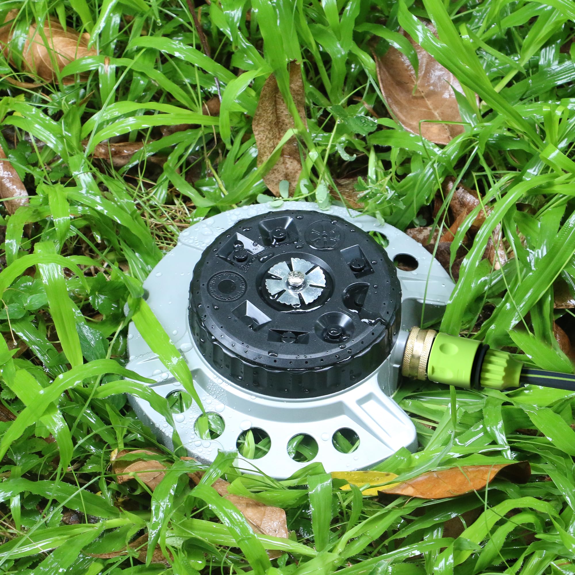 STYDDI Hochleistungs-Rasensprinkler aus Metall, Turmsprinkler mit 9 Mustern und Sockel aus Zinklegierung, für kleine oder mittlere und ungewöhnlich geformte Gärten und Höfe