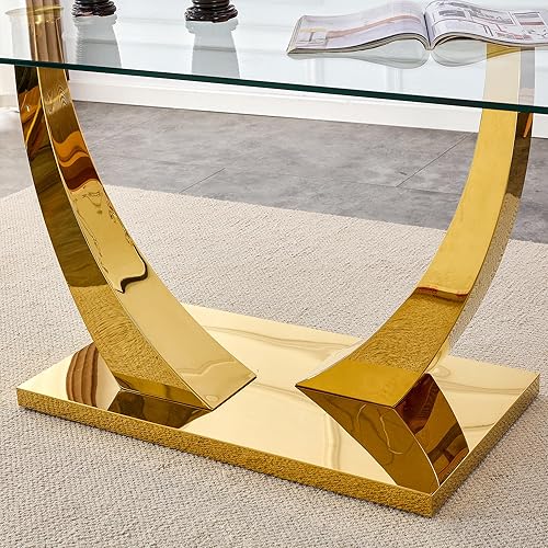 Miniatura 7 de Mesa de comedor rectangular moderna de vidrio para 4, 6, 8, mesa de comedor con mesa de vidrio templado y pedestal de metal chapado en oro en forma
