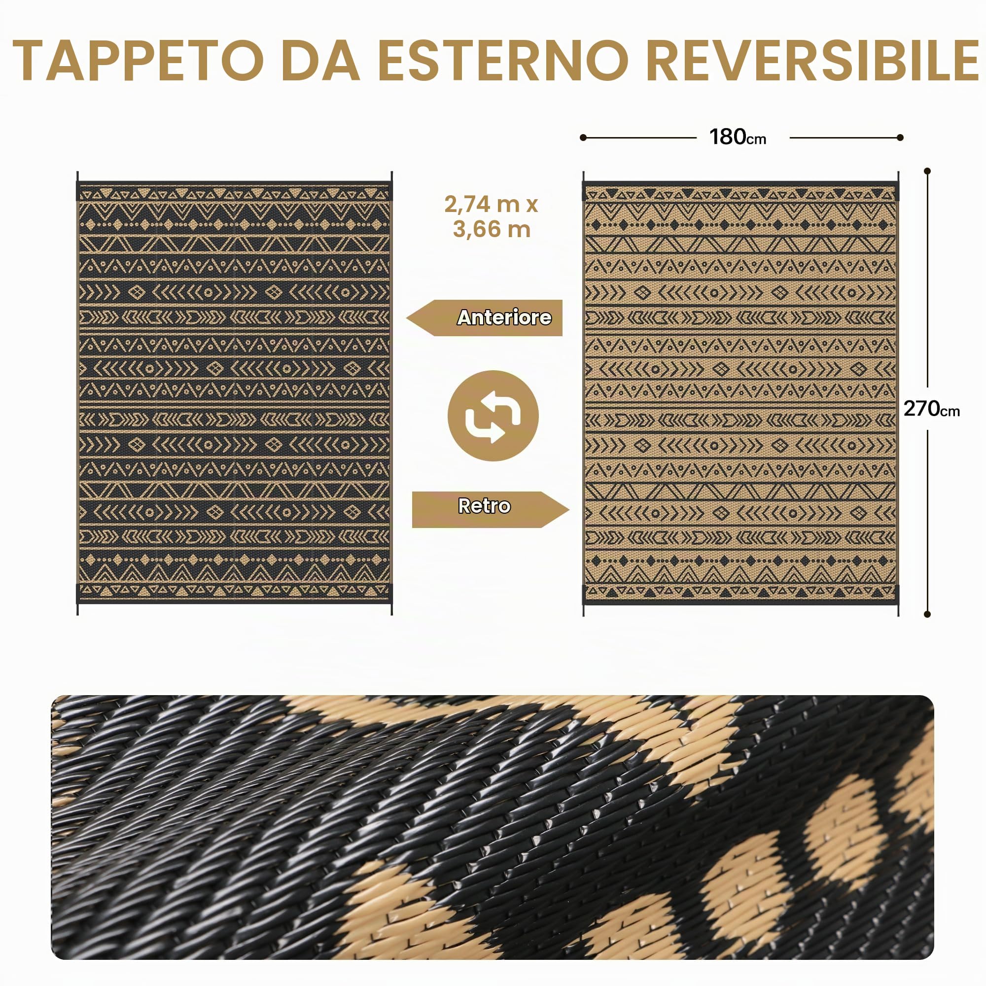 Genimo Tappeto da Esterno Impermeabile Eeversibile Lavabile Plastica, Terrazza, Giardino, Camper, Picnic, Balcone, Boho Nero Marrone, 275x365 cm