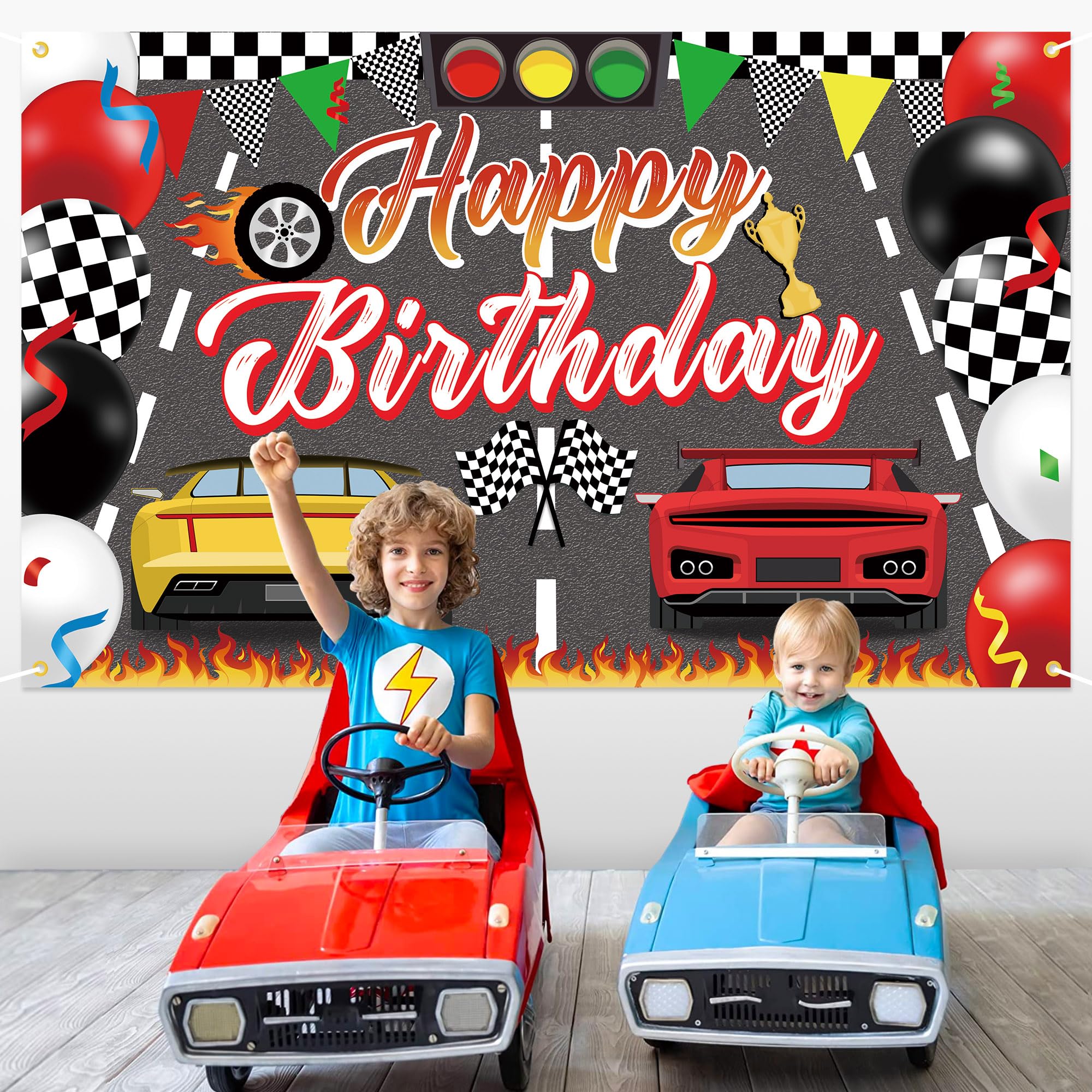 Samochody wyścigowe Happy Birthday Dekoracje Tło Baner, Samochód Wyścigowy Szybkie Dekoracje Na Imprezę Urodzinową Tło Zdjęcie Tło na Przyjęcie Urodzinowe Chłopcy Dzieci Mężczyźni Uroczystość, 150 x