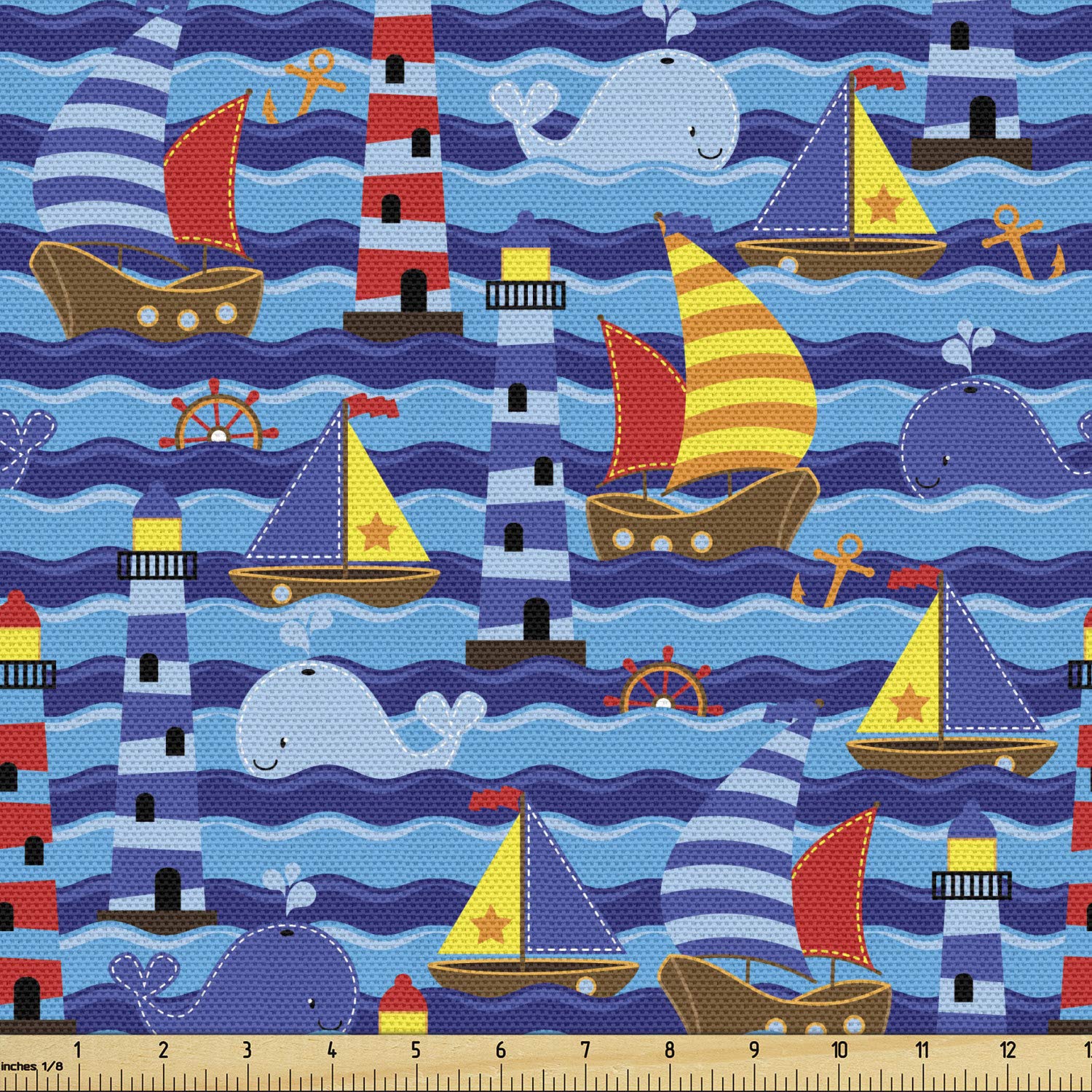 Lunarable Nautical Fabric by The Yard, Nautical Themed Wavy Ocean Boating Yacht Dolphin Compass Lighthouse Fish, Decorative Fabric for Upholstery and Home Accents, 2 Yards, Mustard Blue
