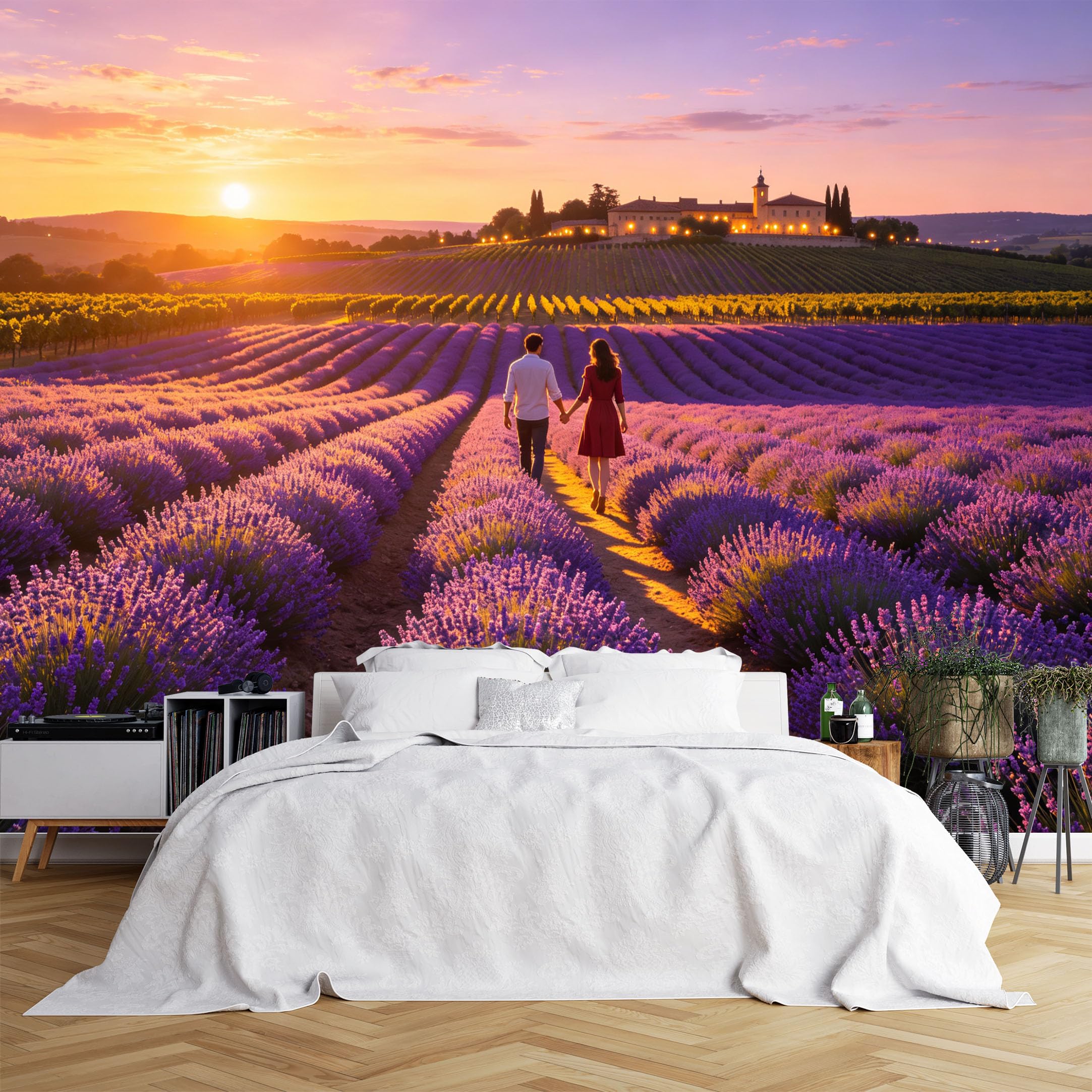 Custom Size Wall Murals Lavender Field Sunset with Couple and Castle Wall Murals,HD Self-Adhesive Removable Wallpaper for Bedroom Living Room