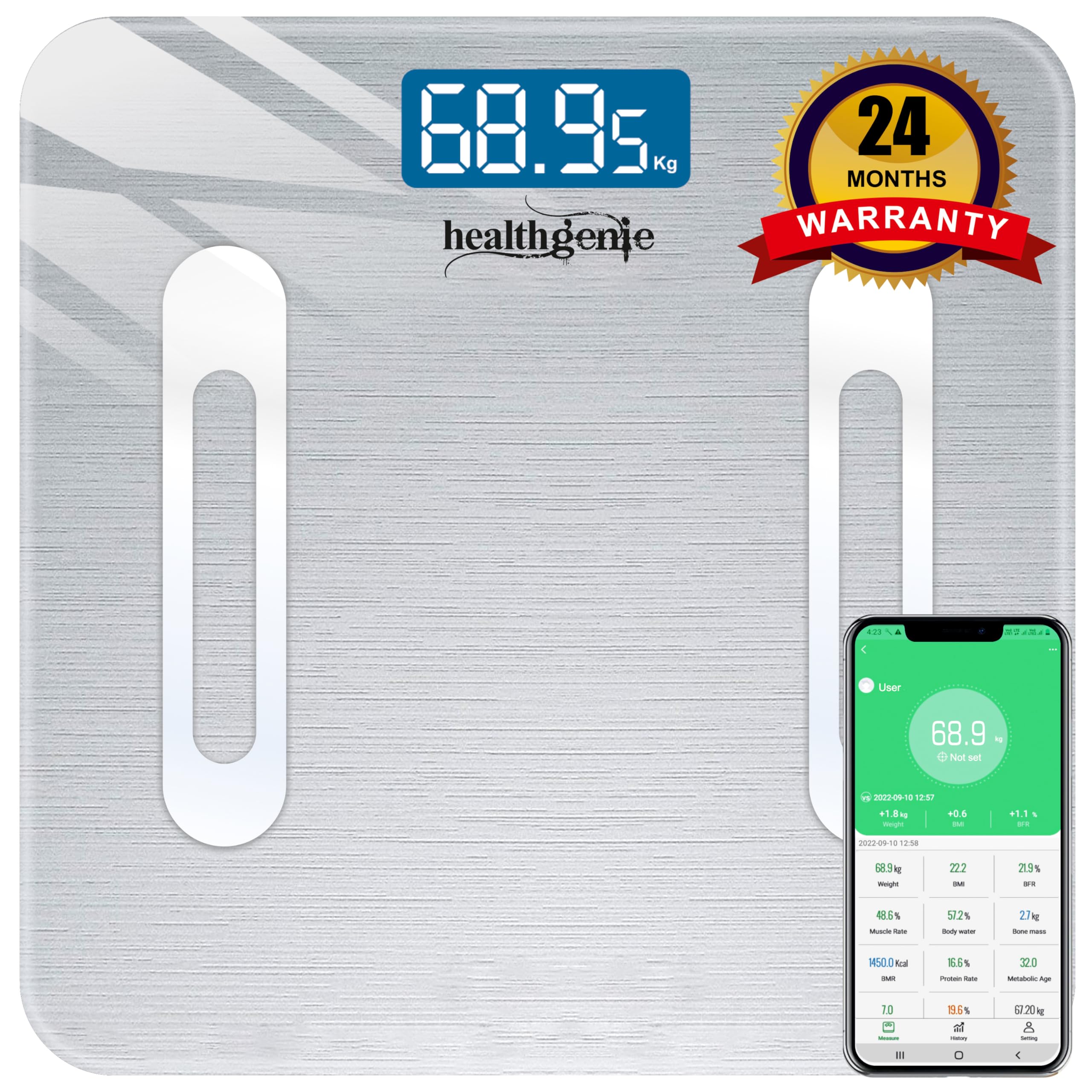 Healthgenie Smart Bmi Weight Machine For Body Weight With 18 Body Parameters Sync With Mobile App, 2 Yrs Warranty Bluetooth Weighing Machine Metallic Shine (Hb-411), 180 kg - Image 2 thumbnail