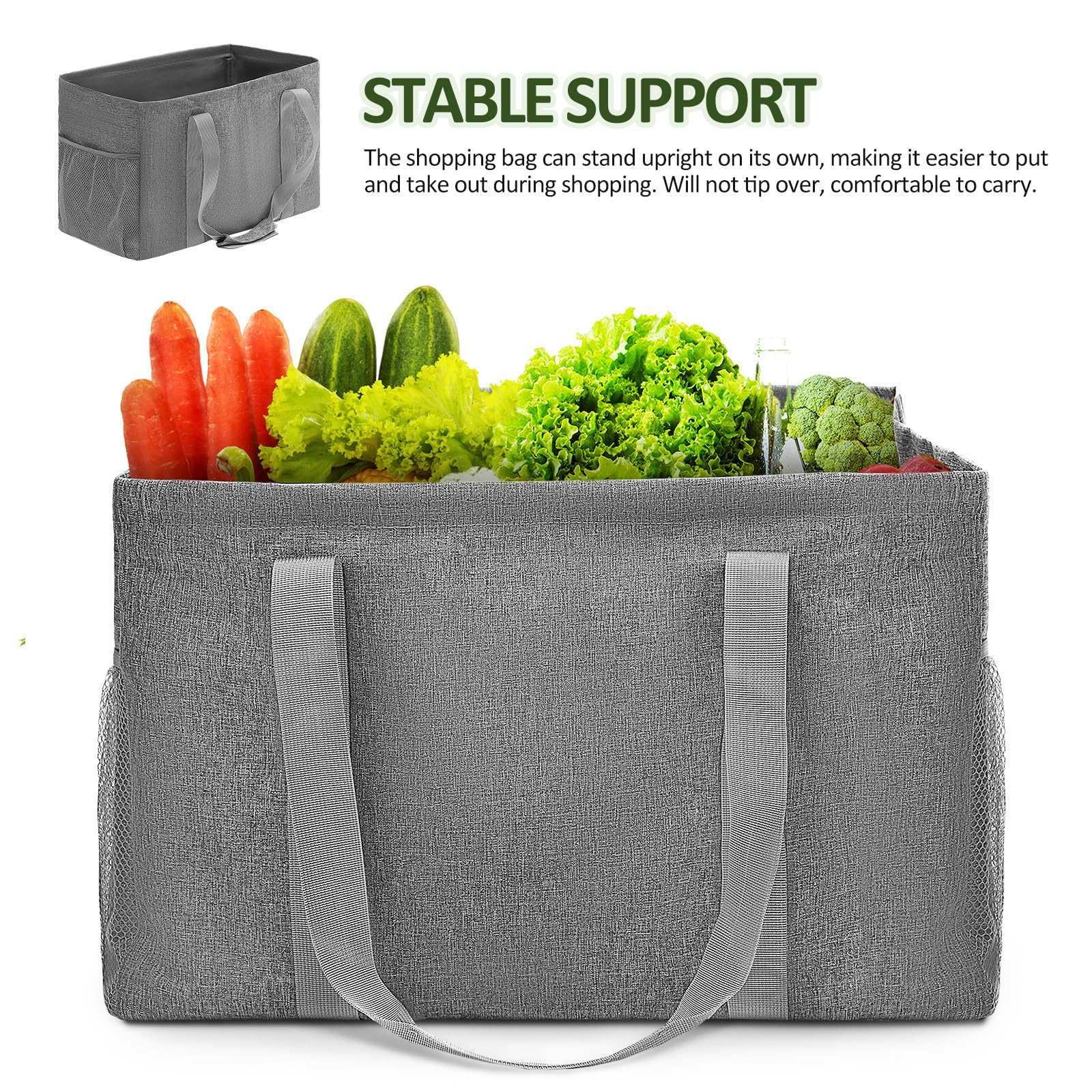 jojofuny Bolsa de Compras Plegable de Algodón Resistente y Reutilizable con Capacidad de 35l, Diseño con Dos Bolsillos de Malla y Asas Reforzadas para Uso Diario y Compras