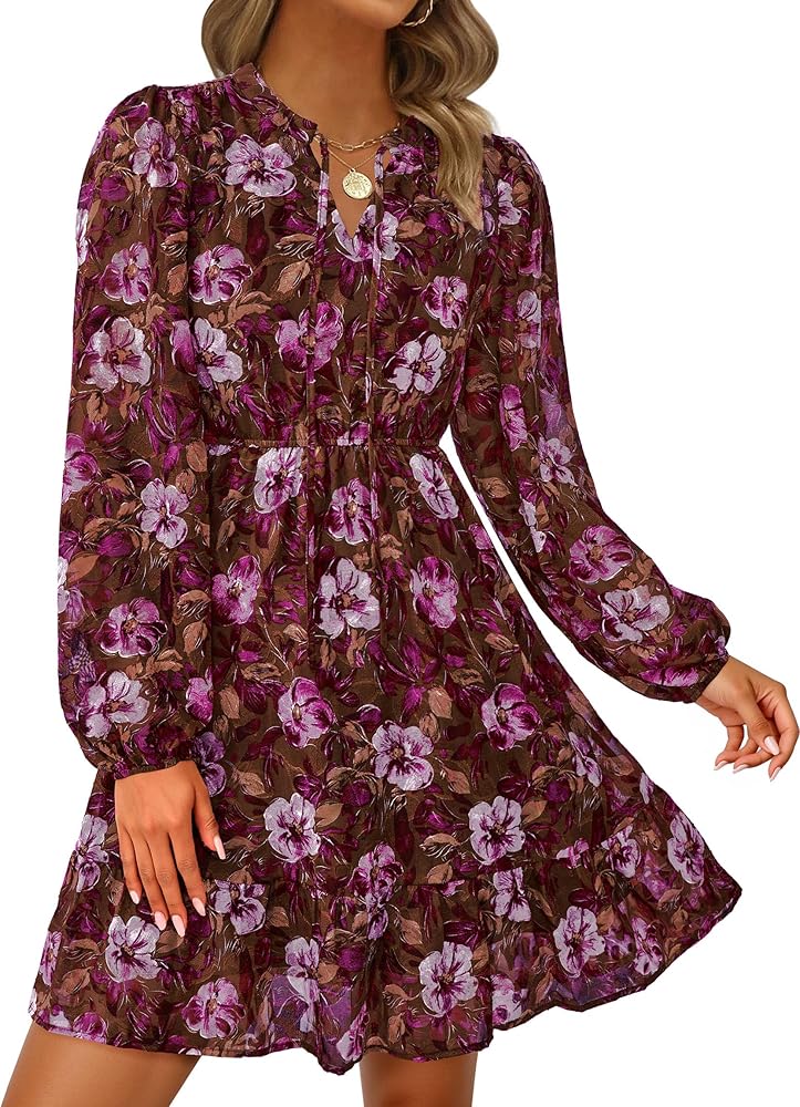 PRETTYGARDEN Women's Fall Boho Dresses 2026 Floral Long Sleeve V Neck Mini  Flowy Wedding Guest Dress Trendy Vacation Outfits (Brown,Small) at Amazon Women's  Clothing store