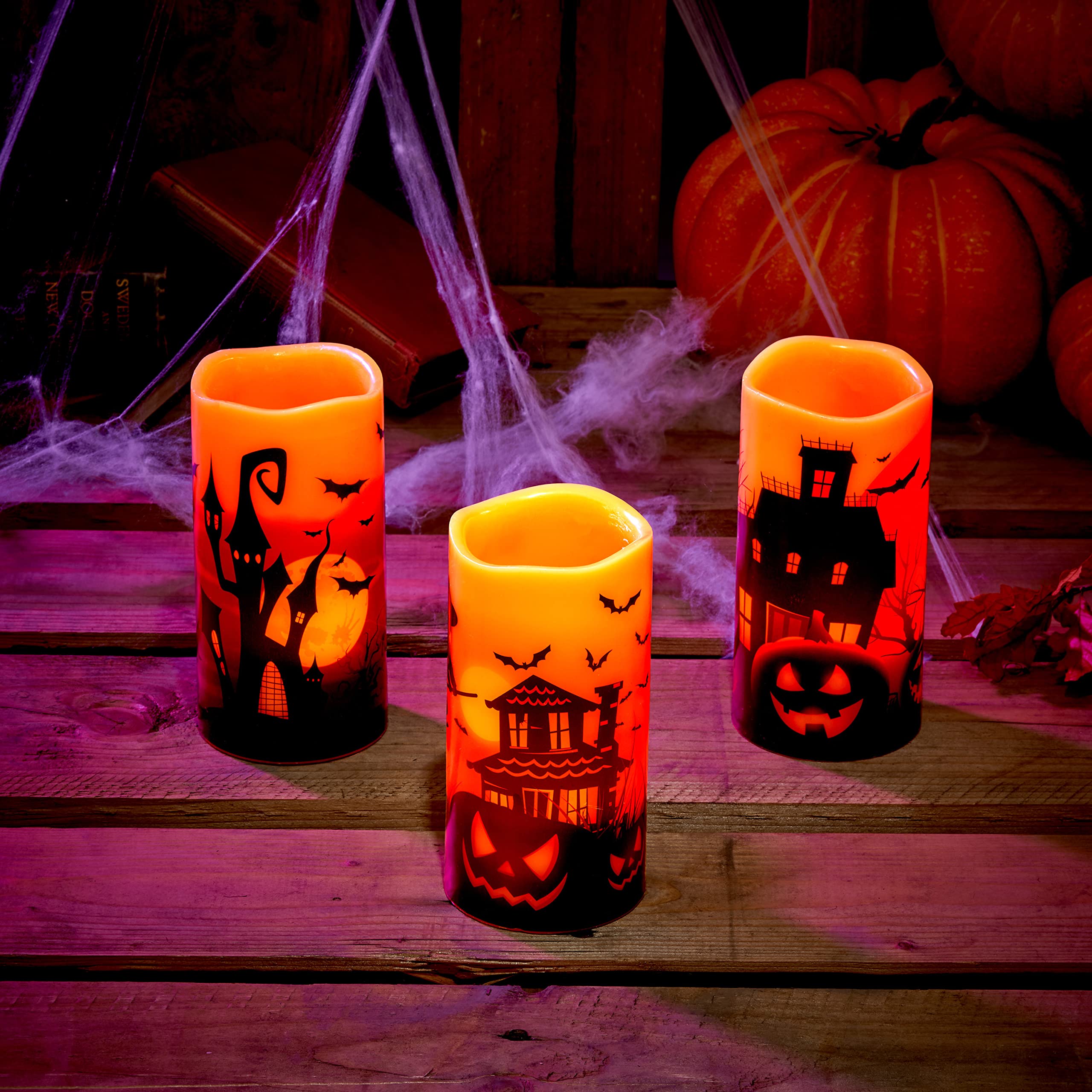 The Twiddlers Orange - Set Of 3 Real Wax Flameless Halloween Candles – Led Battery Operated Flickering Pillar Candles For Spooky Indoor & Outdoor Halloween Decor