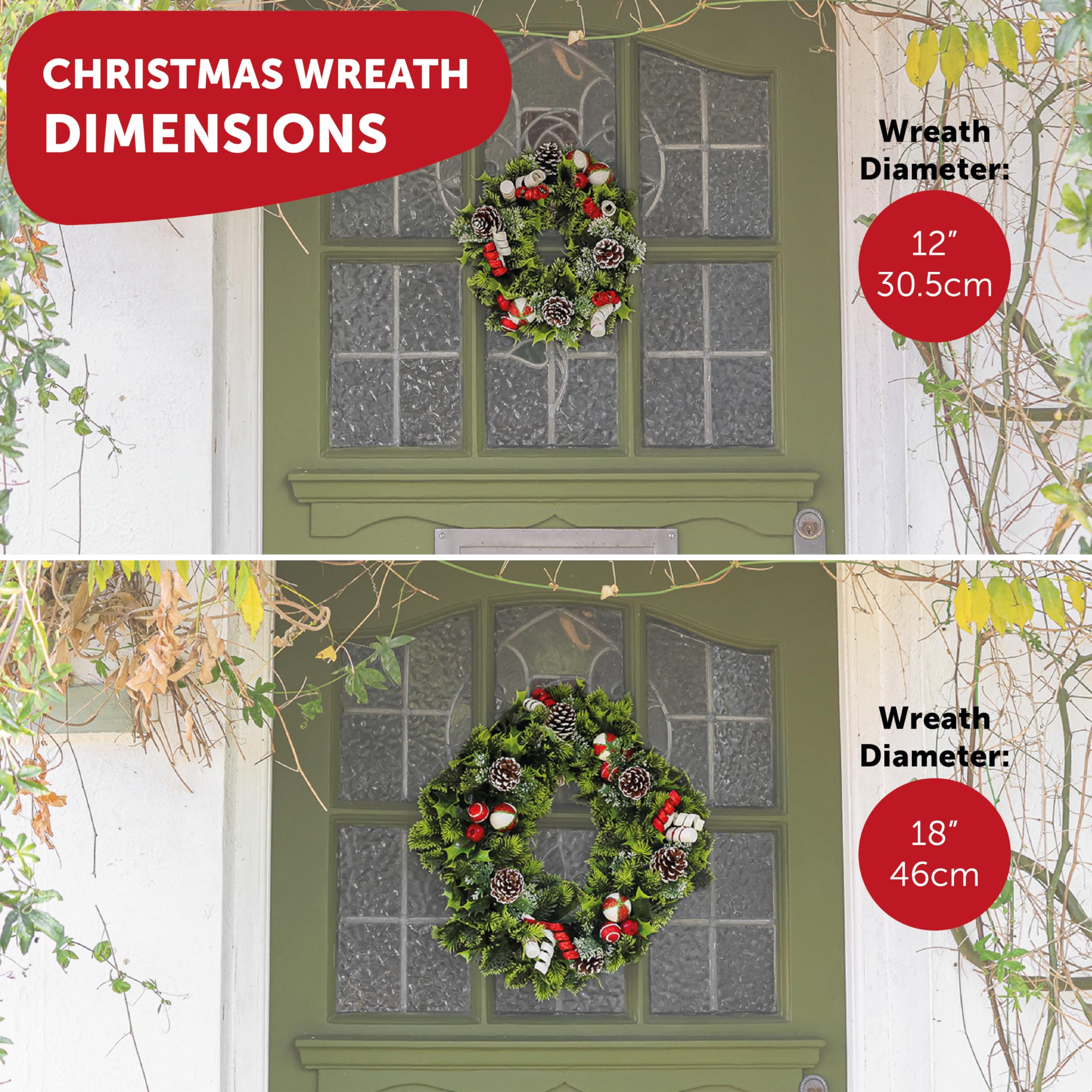 Couronne de Noël – Couronne verte artificielle de 30,5 cm et 45,7 cm avec fleurs de poinsettia, pommes de pin et baies – Décoration festive pour porte d'entrée et maison pour intérieur/extérieur