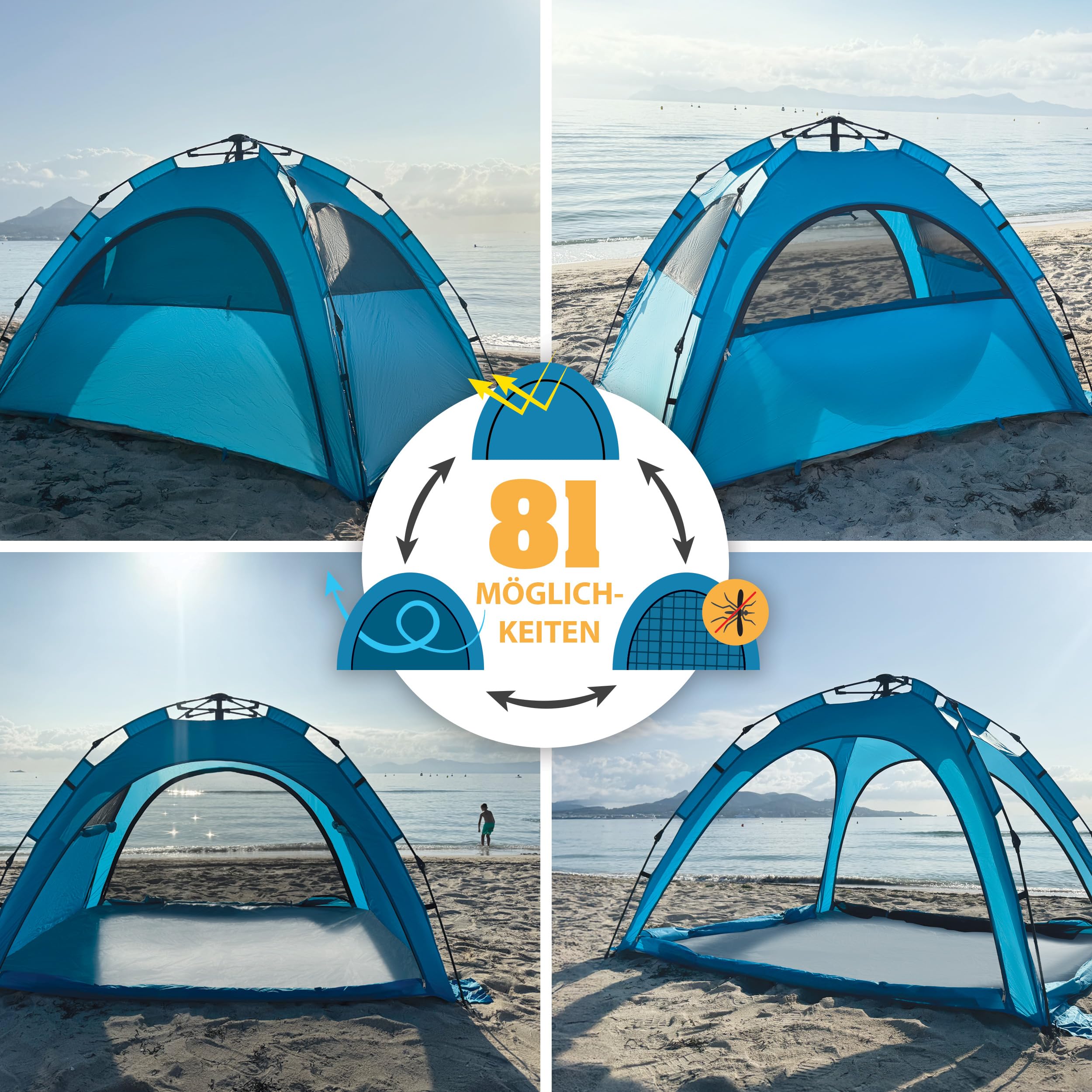 Outdoorer Sun Snapper Air UV 80 Quick-up-Strandmuschel mit 4 Türen und 3 Fenstern, Automatik-Strandzelt mit UV-Schutz 80