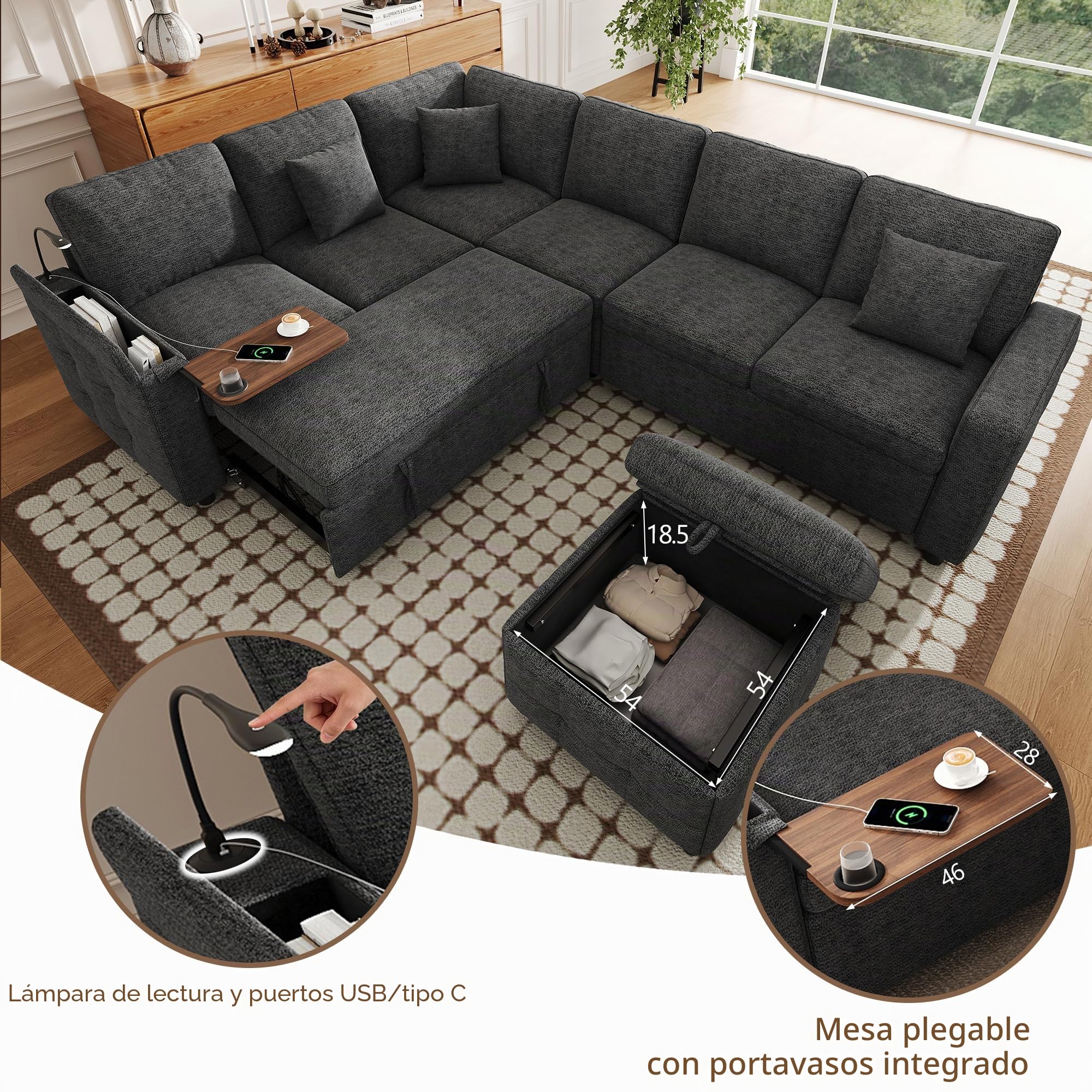 Sofá modular de 7 plazas con función de cama y compartimento de almacenamiento, sofá esquinero en L con lectura LED, puertos USB y USB-C, sofá cama con portavasos, sofás convertible, chenilla y