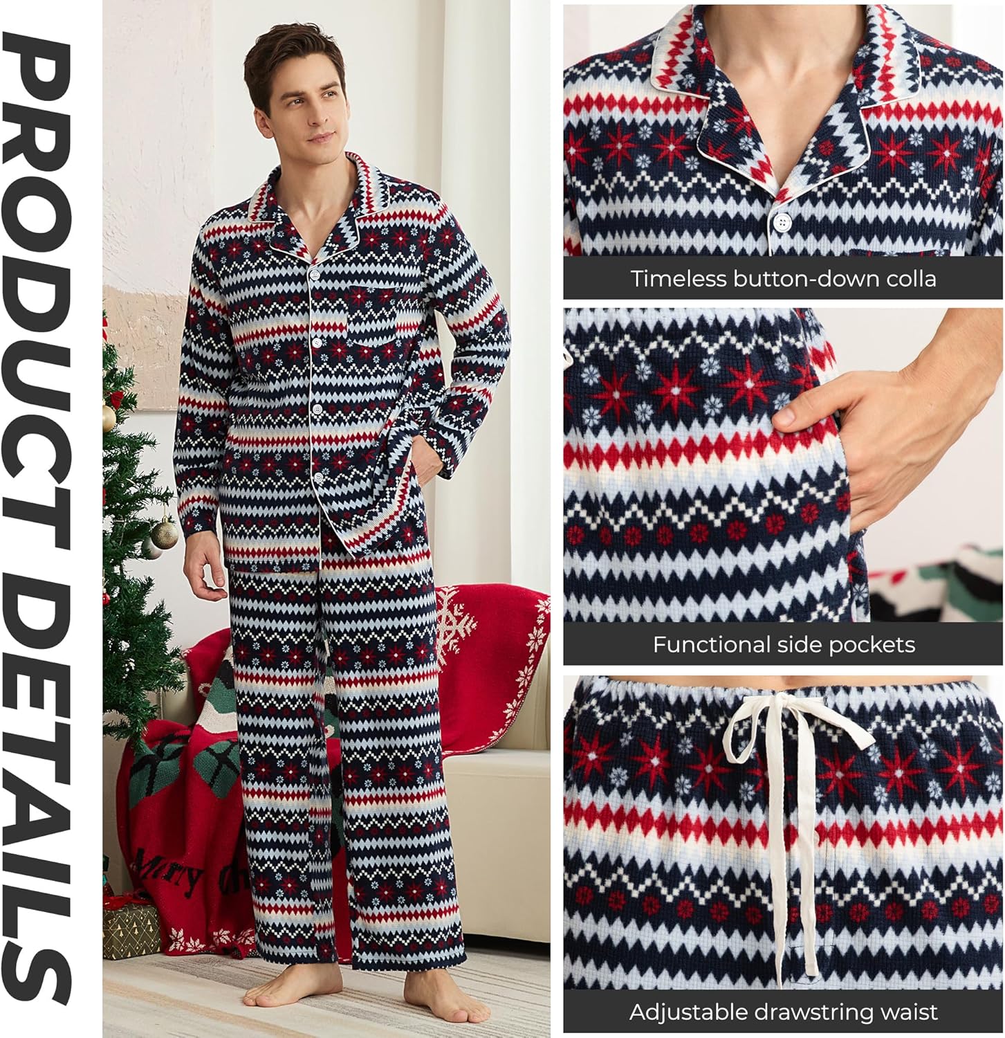 Vulcanodon Mens Ultra Soft Pajama Set, Warm Long Sleeve Prints Sleepwear Cozy Button Down Pjs for Me - Image 2