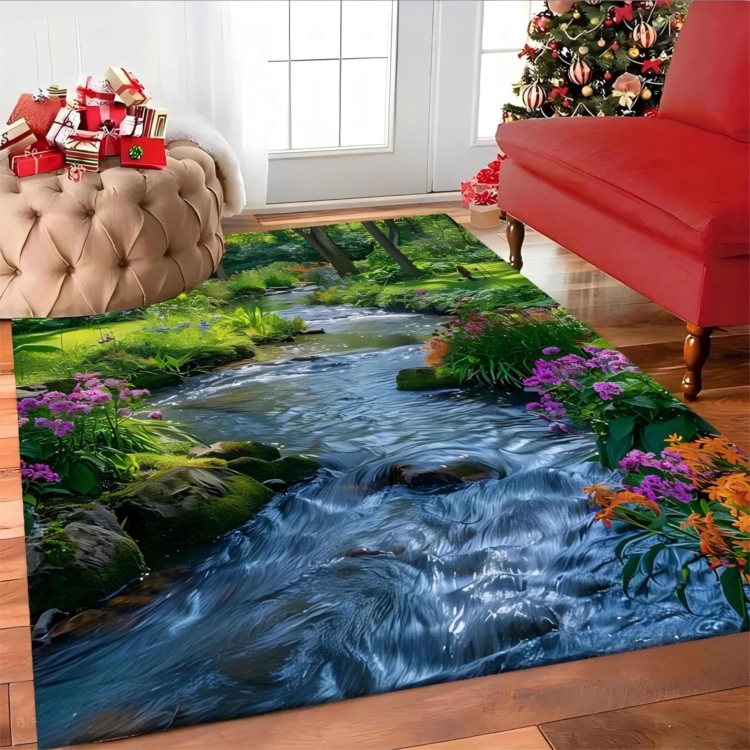 SOJAWA Optical Illusion Area Rug, 180x260cm 3D Green Forest Plants Creek Printed Rugs, Washable Easy Clean Bedroom Kitchen Rich Natural Scenic Area Mat With Non-Slip Rubber Backing Low Pile Rug