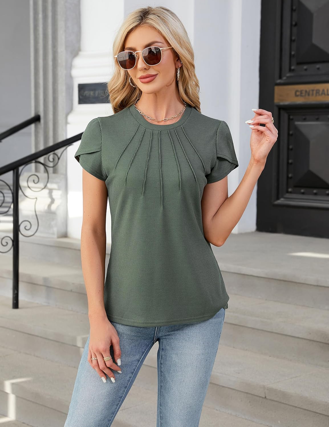 Blooming Jelly Womens Dressy Casual Blouses Business Work Tops Summer Short Sleeve Shirts Crew Neck Waffle Kint Tshirts - Image 3