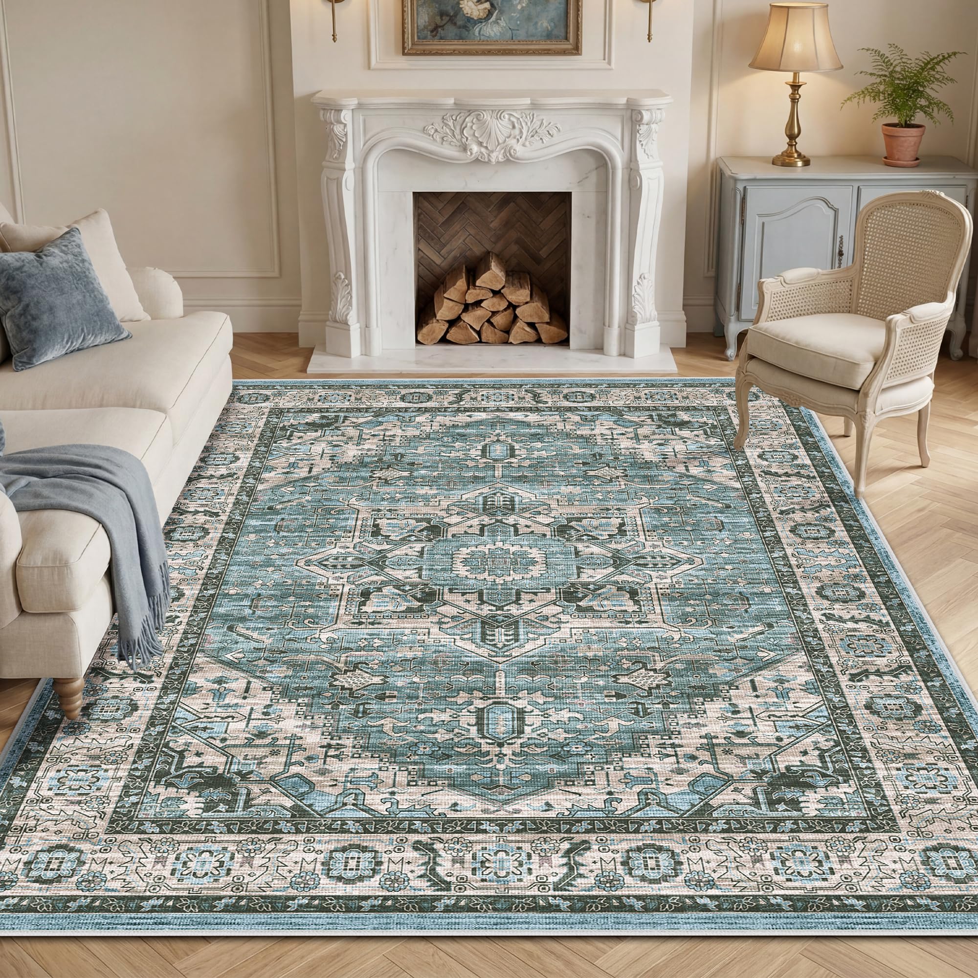 Autsel Rugs for Living Room Bedroom 160x230cm, Large Machine Washable Area Rugs Non-slip, Vintage Boho Rugs, Soft Short Pile Carpet, Blue Runner Rugs for Hallway, Carpet for Kitchen, Office