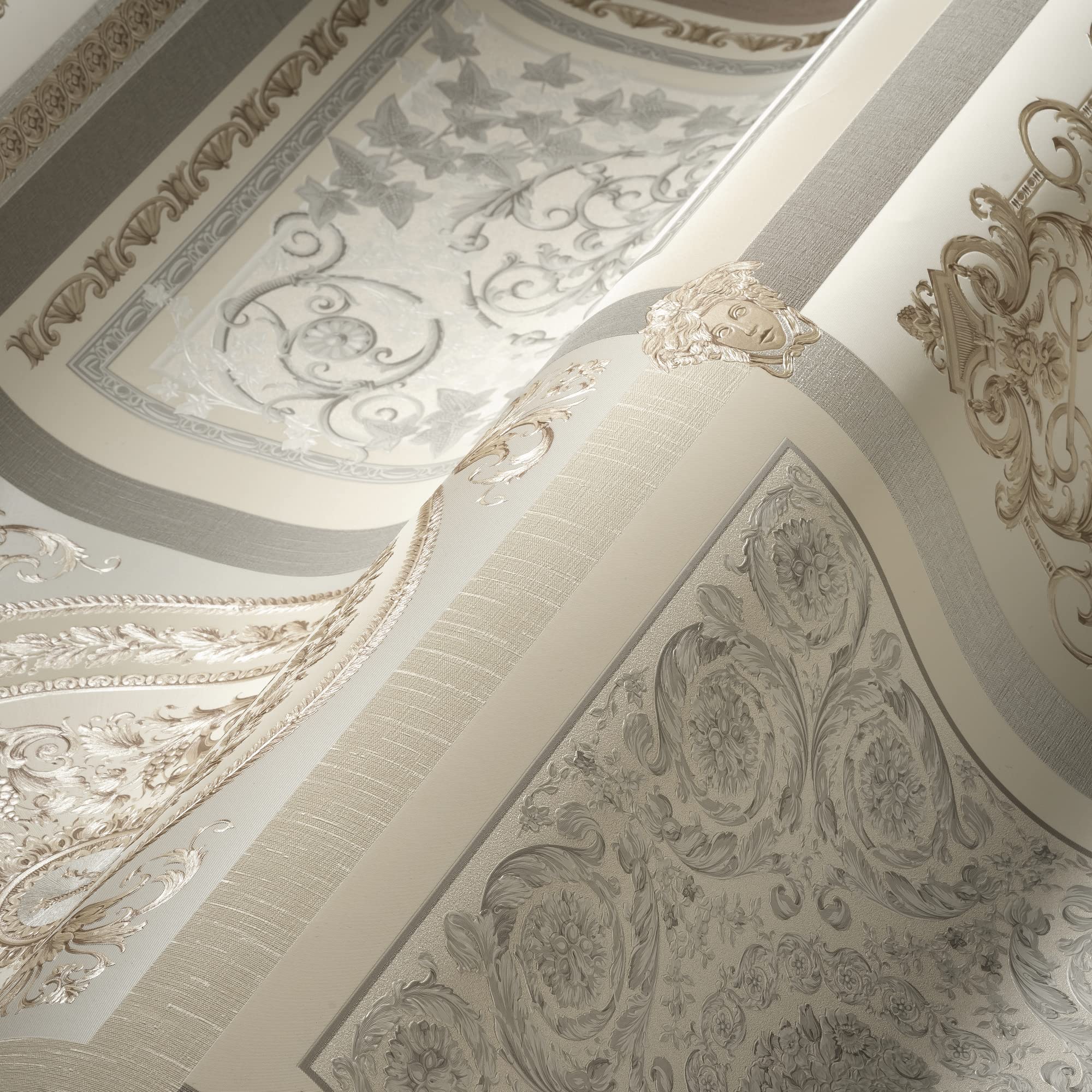 Versace Wallpaper Baroque Luxury Wallpaper Floral 387042 Grey Beige Silver White Logo Medusa 10.05 x 0.70 m Made in Germany
