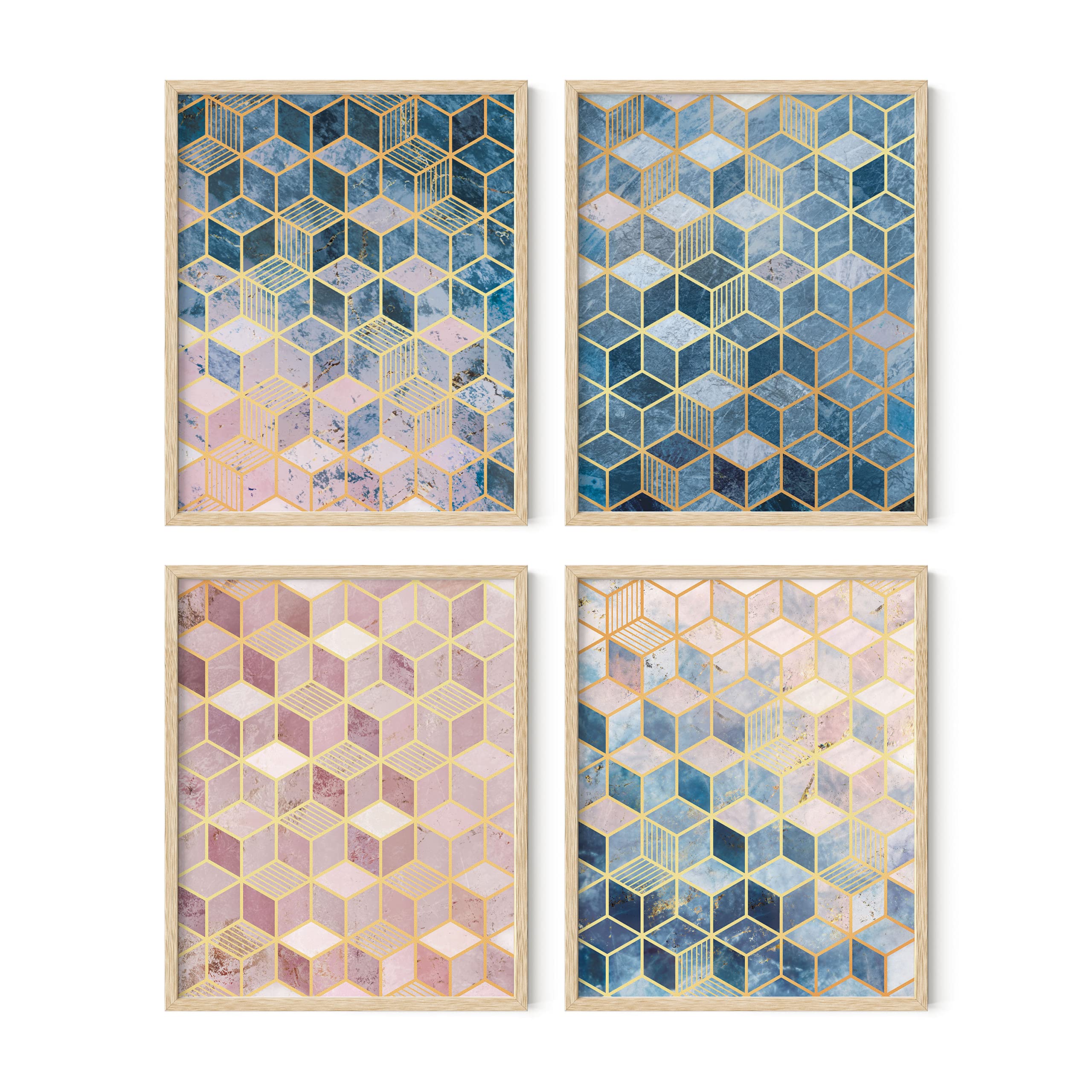 HAUS AND HUES Geometric Wall Art Prints - Abstract Wall Art Set of 4 Modern Wall Decor | Modern Abstract Art Posters Contemporary Wall Art Dorm Decor Blue Aesthetic, (Beige Frame, 8x10)