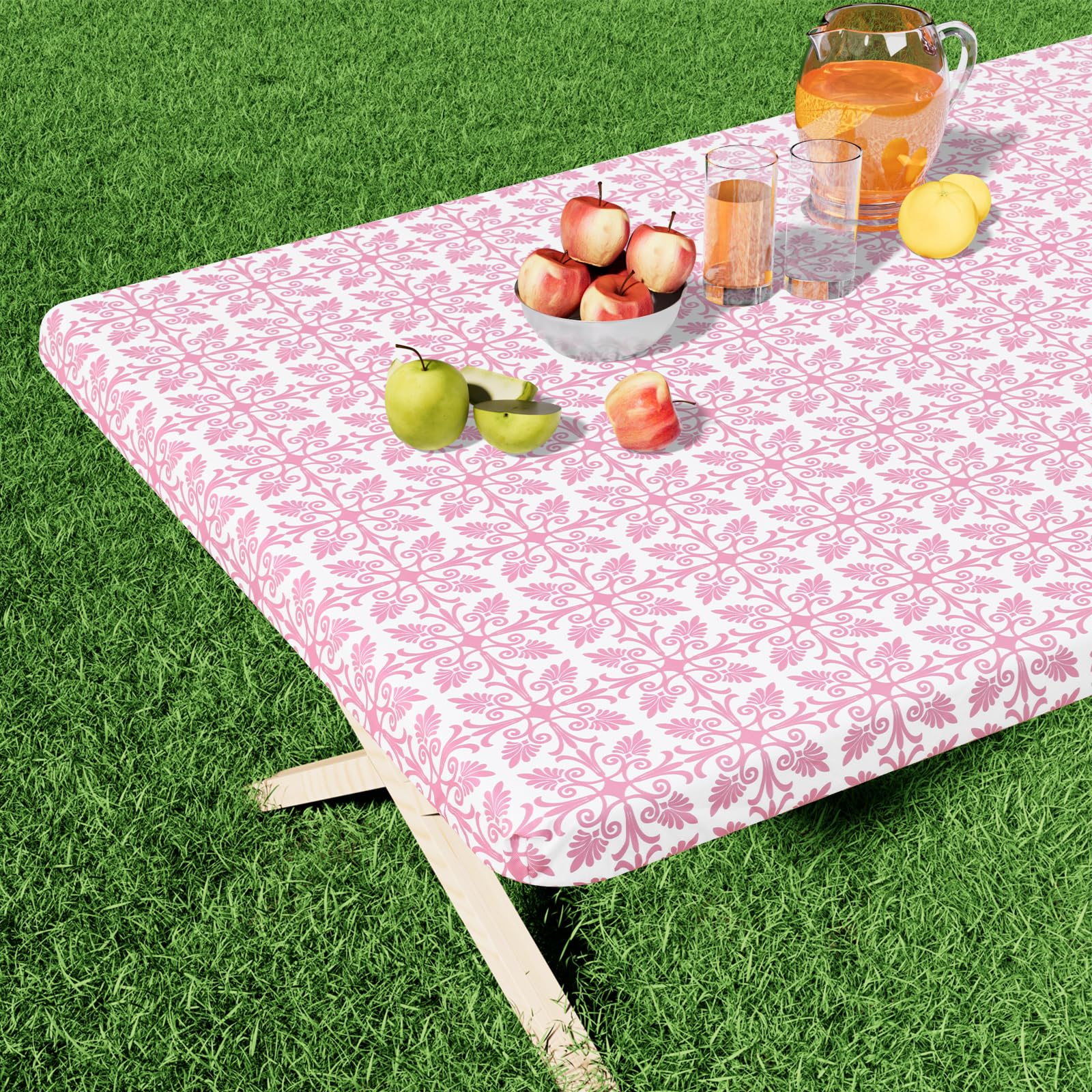 misaya Rectangle Vinyl Table Cloth, Elastic Fitted Flannel Backed Tablecloth, 100% Waterproof Plastic Table Cover Fits 8 Foot Folding Tables for Picnic, Camping, Outdoor (Pink, 30" x 96") — image 1