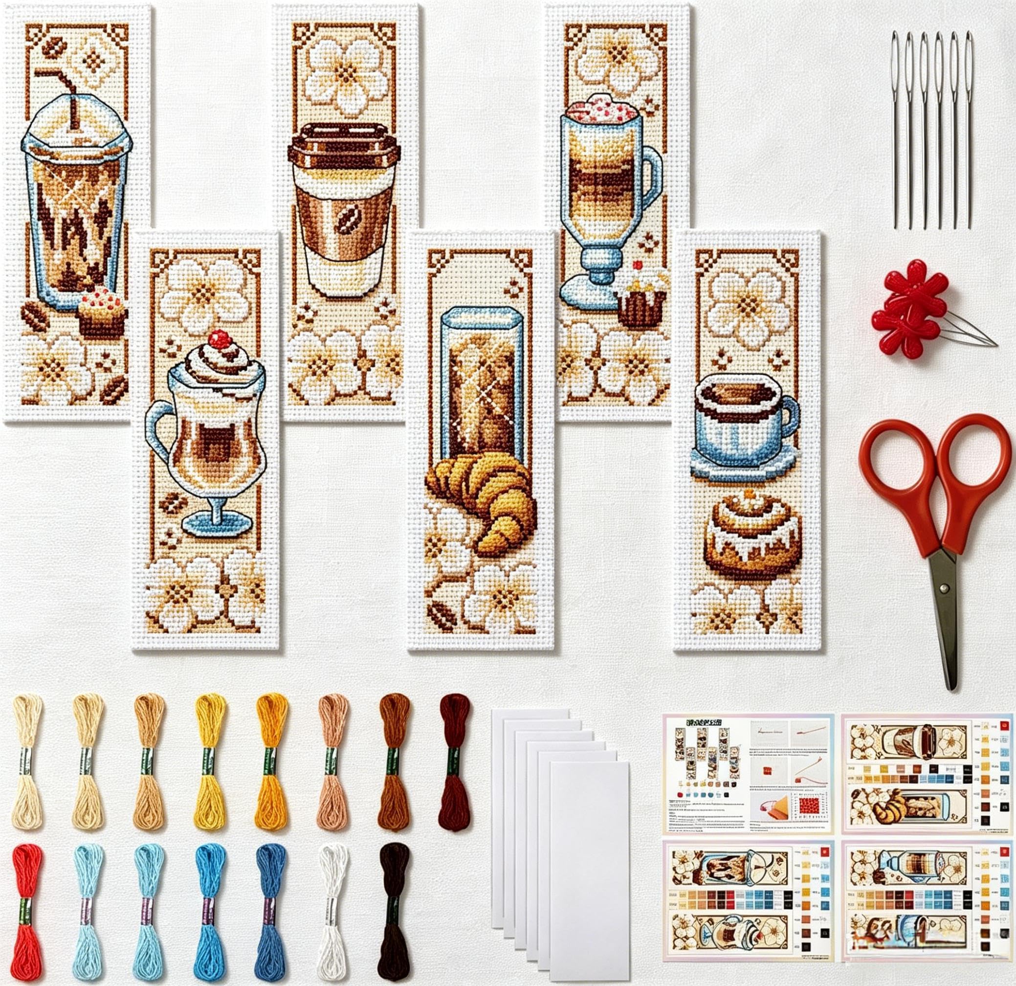 FREEBLOSS 6 Set Cross Stitch Bookmark Kit 11 CT Stamped Cross Stitch Kit DIY Embroidery Bookmark Kits for Adult Beginners with Instructions, Coffee Pattern, 6 x 20 cm/8" x 2.4" — image 1