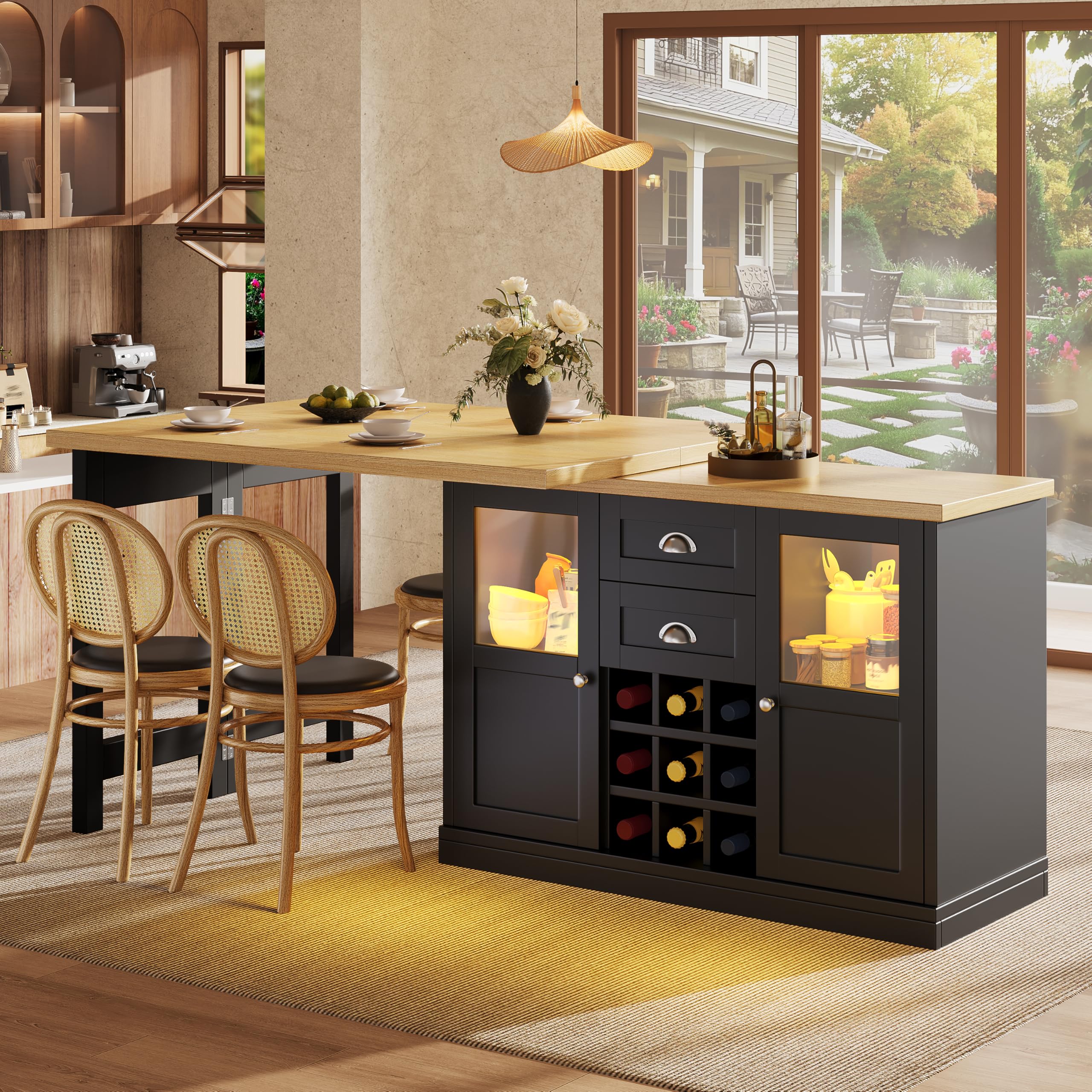 Merax Mesa de bar extensible con espacio de almacenamiento, mesa alta giratoria de 360°, isla de cocina independiente, diseño plegable, con iluminación LED de 3 colores, vinoteca y cajones, negro/120