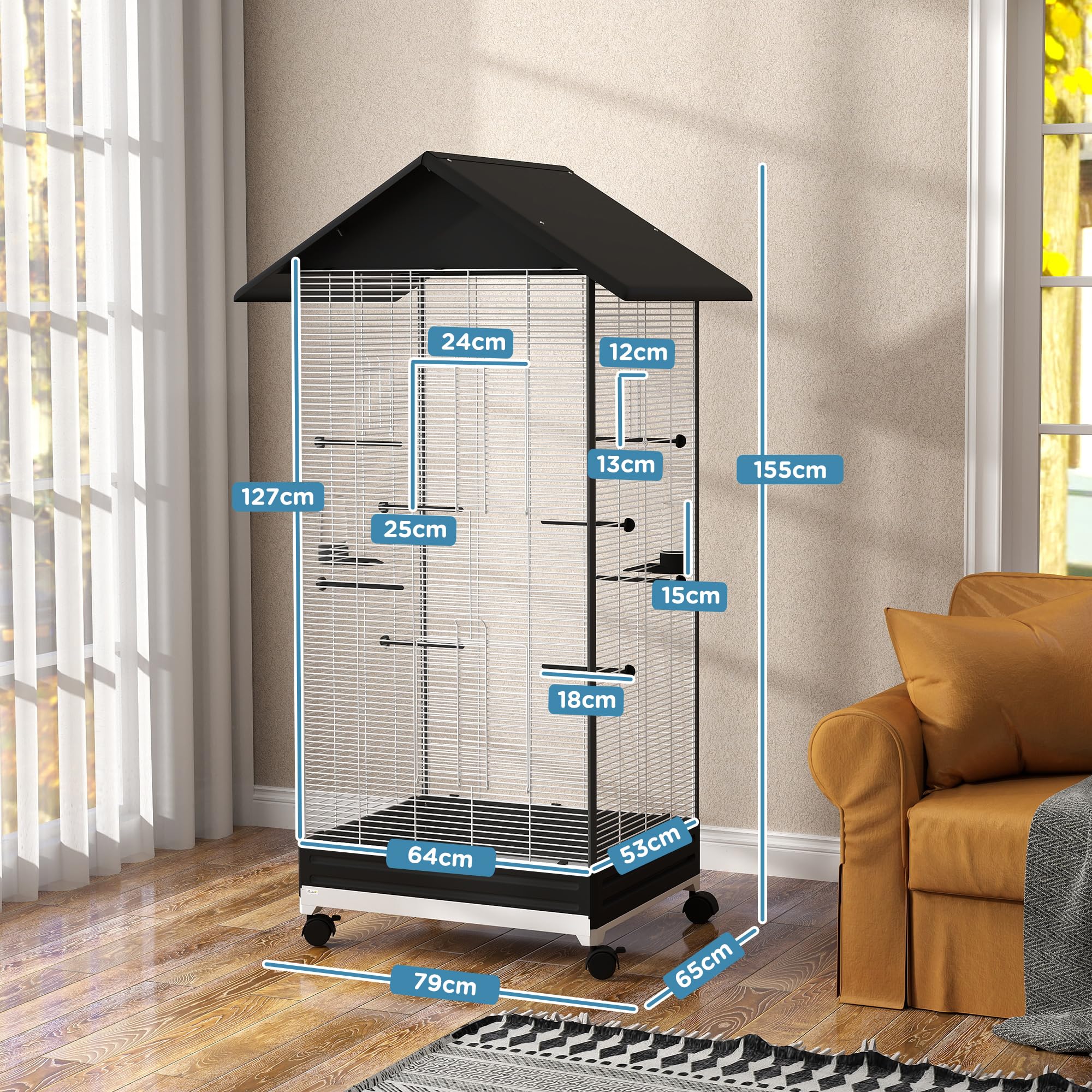 PawHut Jaula para Pájaros con Ruedas Pajarera Metálica con Bandeja Extraíble 4 Puertas 2 Comedores 8 Perchas para Canarios Periquitos 79x65x155 cm Negro
