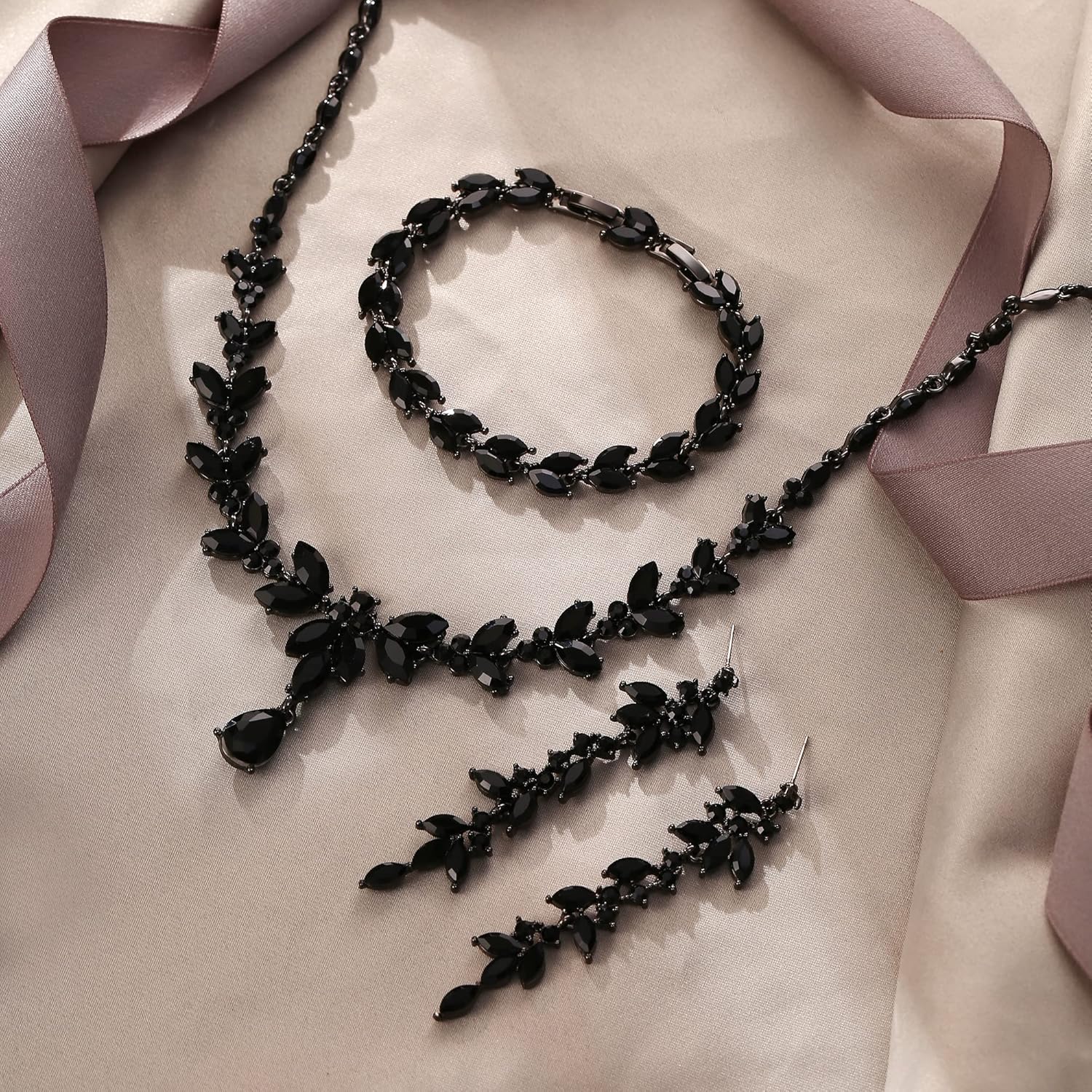 EVER FAITH Austrian Crystal Bridal Bridesmaid Jewelry Sets, Elegant Marquise Rhinestone Leaf Necklace Dangle Earrings Tennis Bracelet Set for Women - Image 3