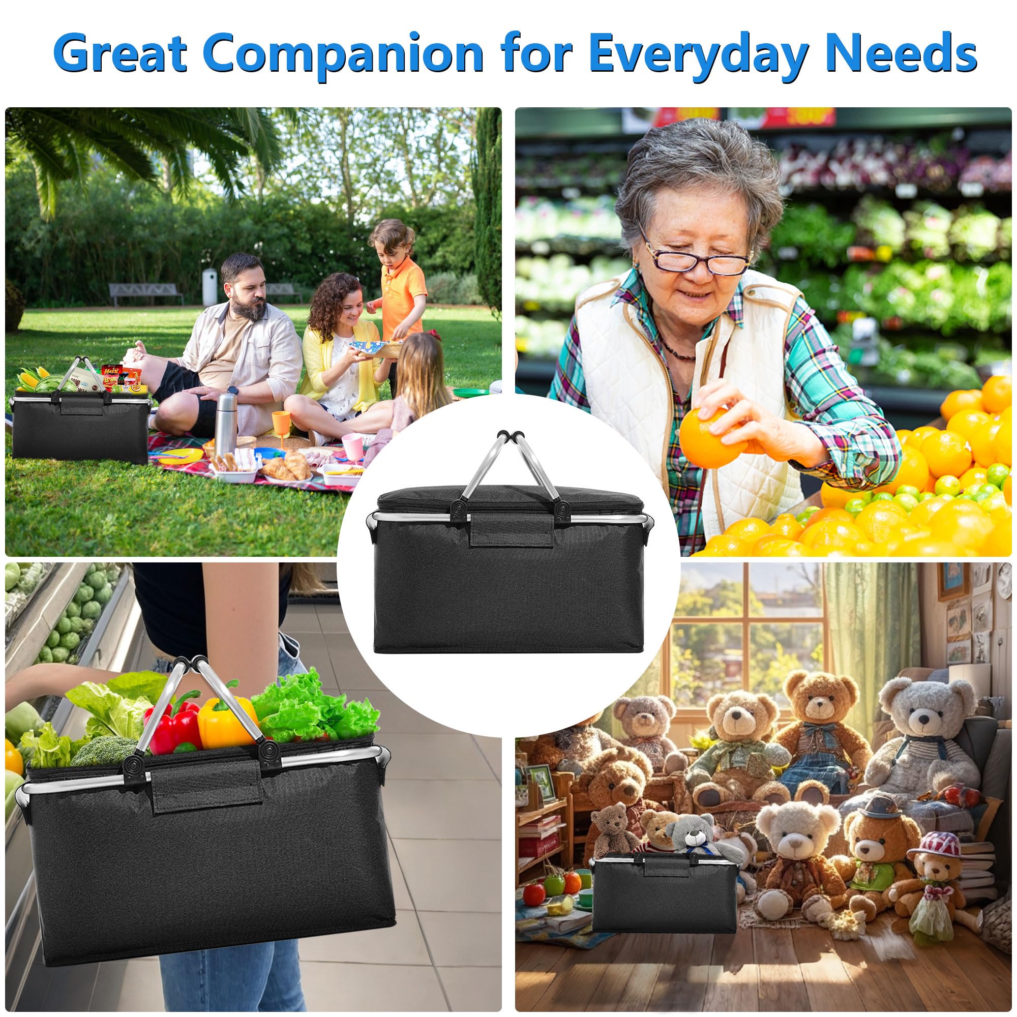 Cestino per Picnic 25L Grande Borsa Termica Cestini e Panieri Cestino Termico Picnic Pieghevoli con Funzione di Raffreddamento Cestino Della Spesa con Coperchio e Manico per Campeggio (Nero)
