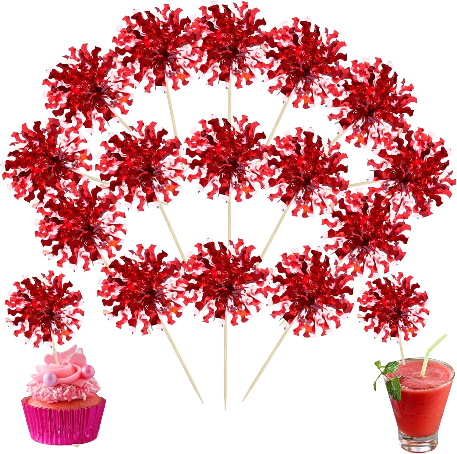 Ephlyn 30Pcs Foil Firework Cupcake Toppers Happy Birthday Cake Toppers Tinsel Flower Drink Stirrers Cocktail Food Fruit Toothpicks for Valentine's Day Party Decorations Red
