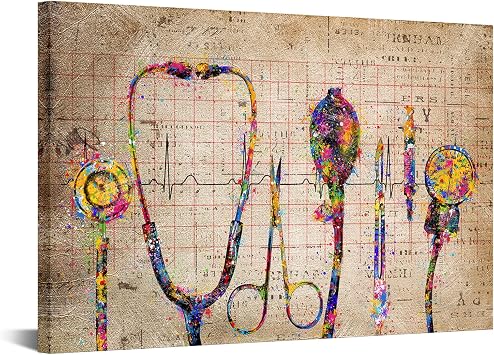 iHAPPYWALL Large Medical Canvas Wall Art Abstract Stethophone Stopwatch Medical Apparatus Tools Modern Scenic Hospital Doctor Office Colorful Wall Decor Ready to Hang 24x36inch