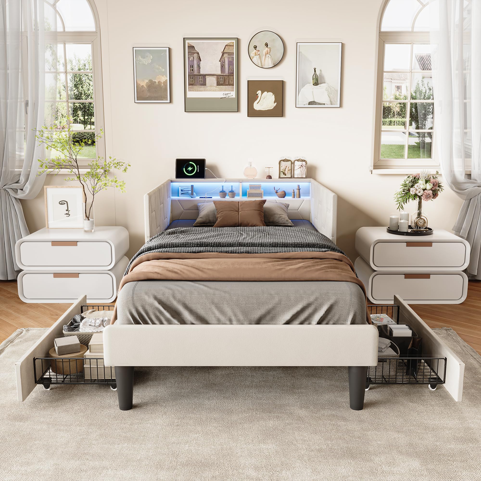 CDQL Łóżko tapicerowane, sofa do spania 90 x 200 cm z oświetleniem LED i portami USB, łóżko do przechowywania z 2 szufladami, zagłówek ze schowkami, łóżko funkcyjne, łóżko pojedyncze, aksamitne