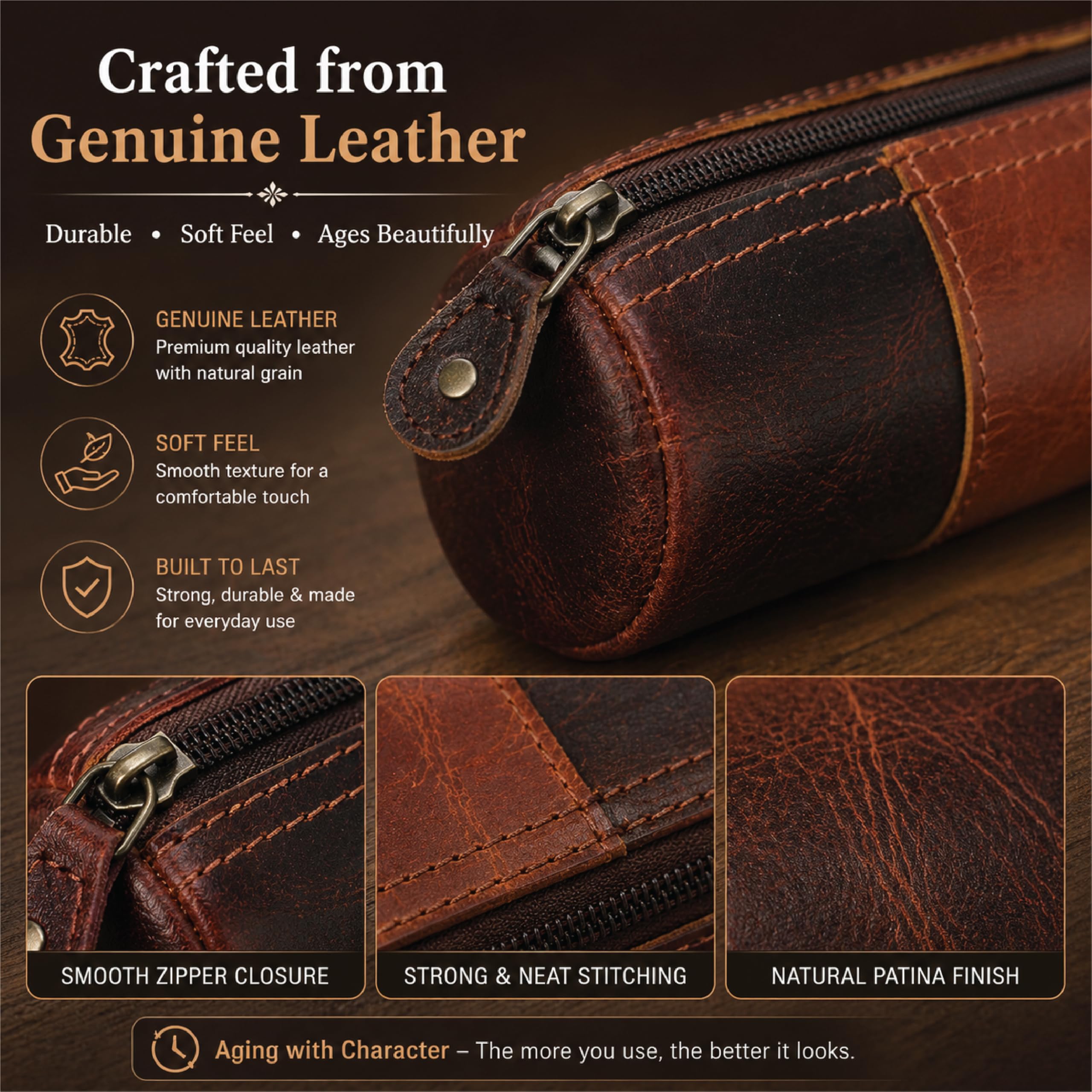TheAntiq Astuccio in vera pelle, realizzato a mano, con cerniera, con cinturino da polso, resistente, multiuso, per cancelleria, viaggi e accessori, 20 x 6,3 cm, marrone