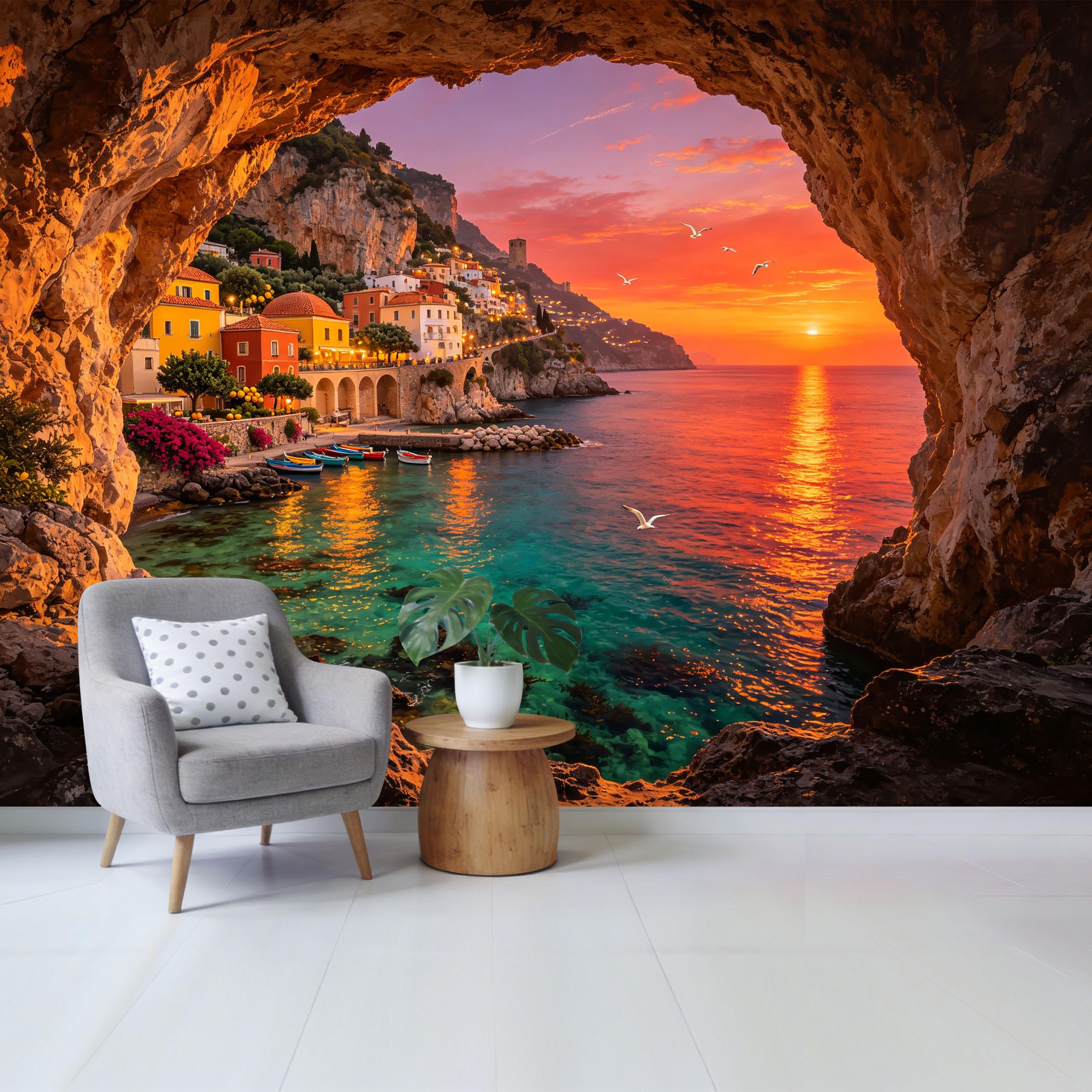 Custom Size Wall Mural Mediterranean Coastal Cave Sunset Landscape Removable Self Adhesive Fabric，Home Wall Decor for Living Room Bedroom Bathroom