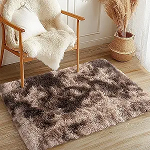 2x3 Shag Area Rug - Fluffy Fuzzy Nursery Kids Girls Small Rug - Soft Plush Furry Bedside Carpet- Tie-Dyed Brown