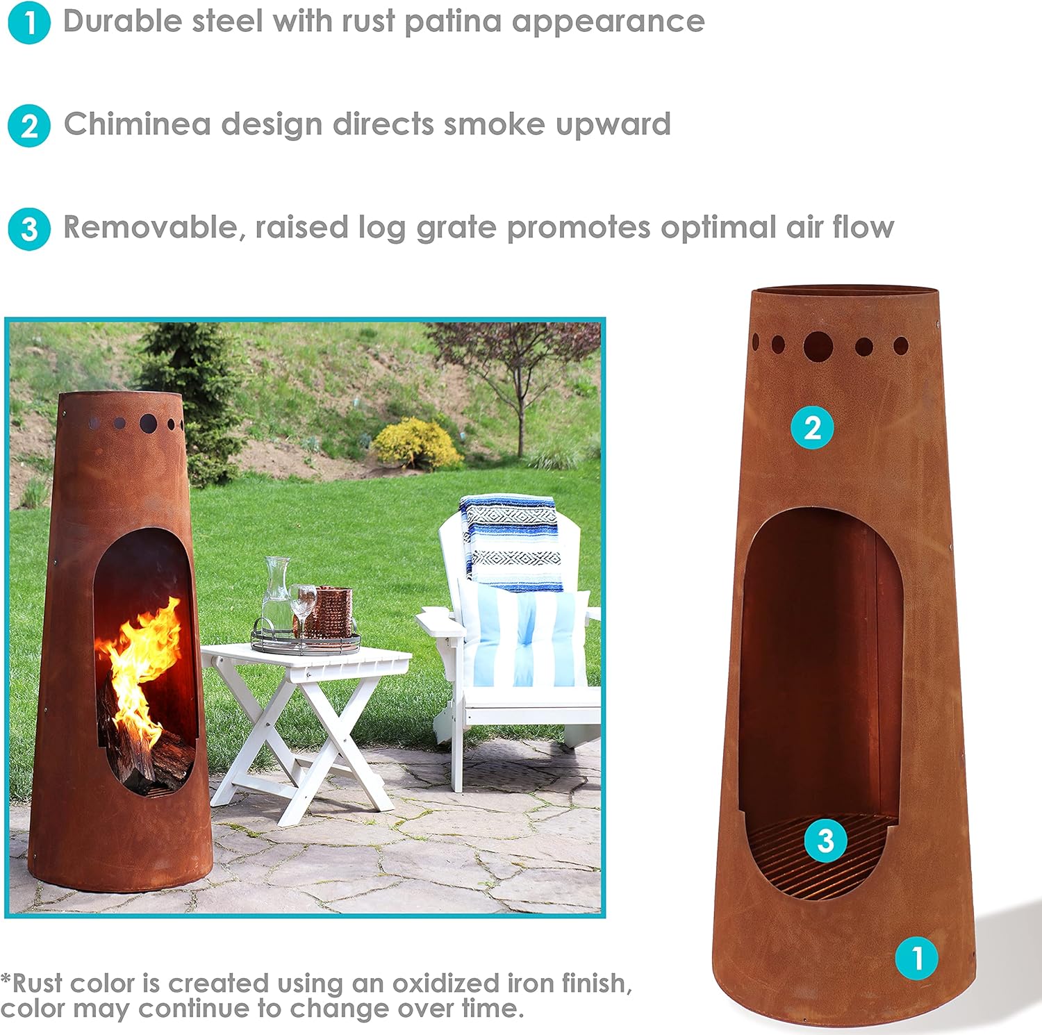 Sunnydaze Sante Fe Steel Chiminea with Rustic Finish - Outdoor Wood-Burning Metal Fire Pit with Log Grate for Cabin, Patio and Backyard - Modern Bonfire Pit - 50-Inch : Patio, Lawn & Garden