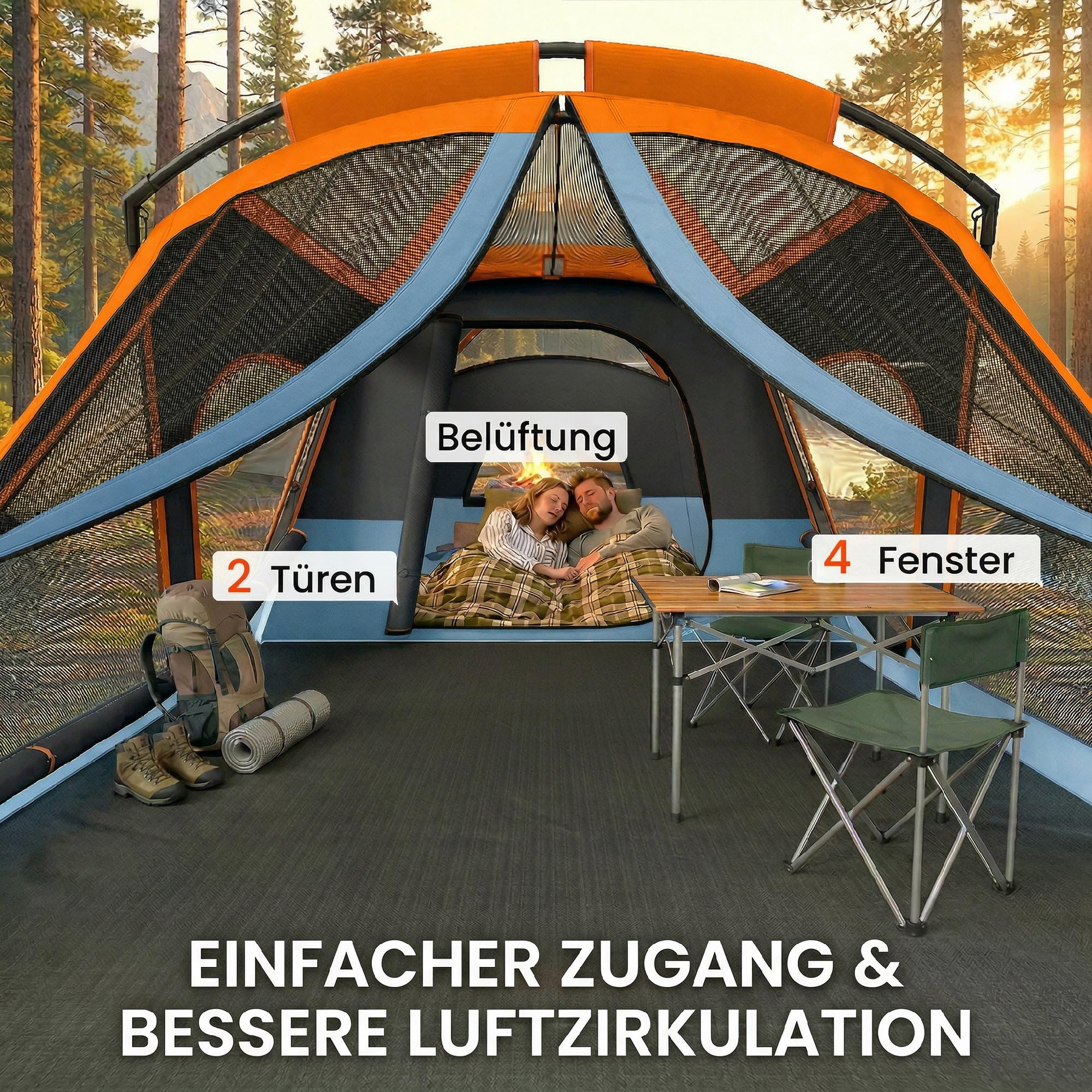 Outsunny Tunnelzelt 4 Personen Stehhöhe 3000-mm-Wassersäule Orange+Blau | Familienzelt, Schlaf- und Wohnzimmer, Dachfenstern, Bodenplane, Wasserdicht, Tragetasche, Campingzelt für Cmping