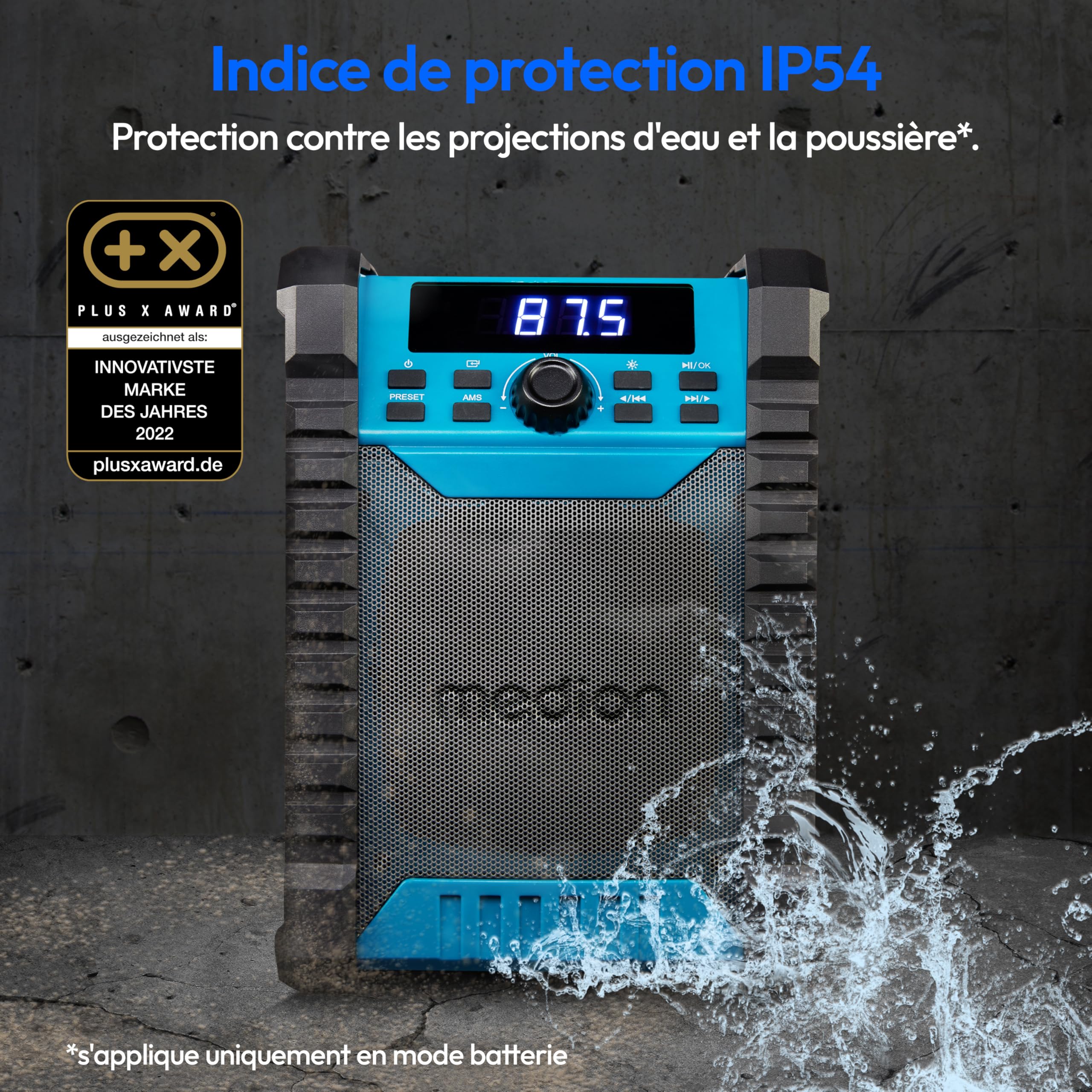 MEDION E65895 Radio de Chantier avec Batterie (boîtier Robuste, poignée de Transport, Bluetooth, Protection Contre Les éclaboussures (IP54), Radio FM, AUX) Vert