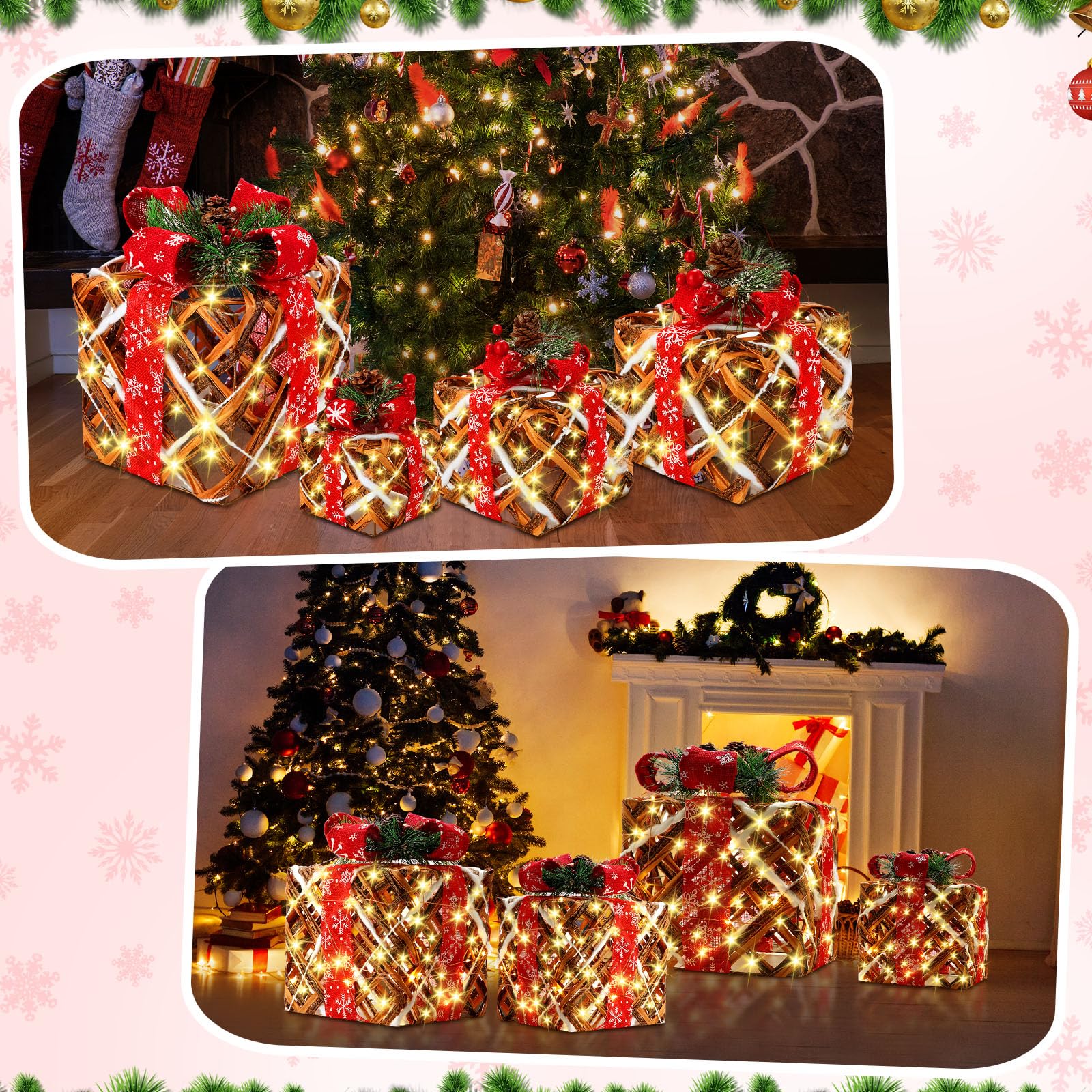Yunlly 4 scatole regalo natalizie illuminate, decorazioni da 5 m, con luci a LED che si illuminano sotto l'albero di Natale, scatole regalo con fiocchi di nastro di pino, per interni ed esterni, feste