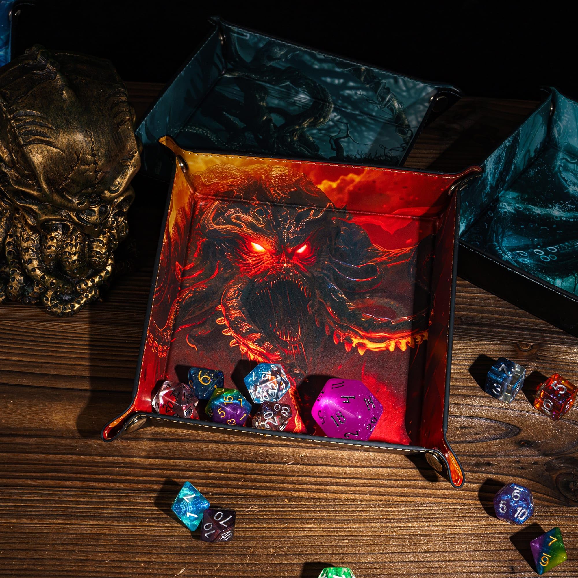Cusdie PU Leather Dice Tray Square Tray for Dice Rolling and Storing Small Items - Cthulhu Design, Red Cthulhu - Image 3