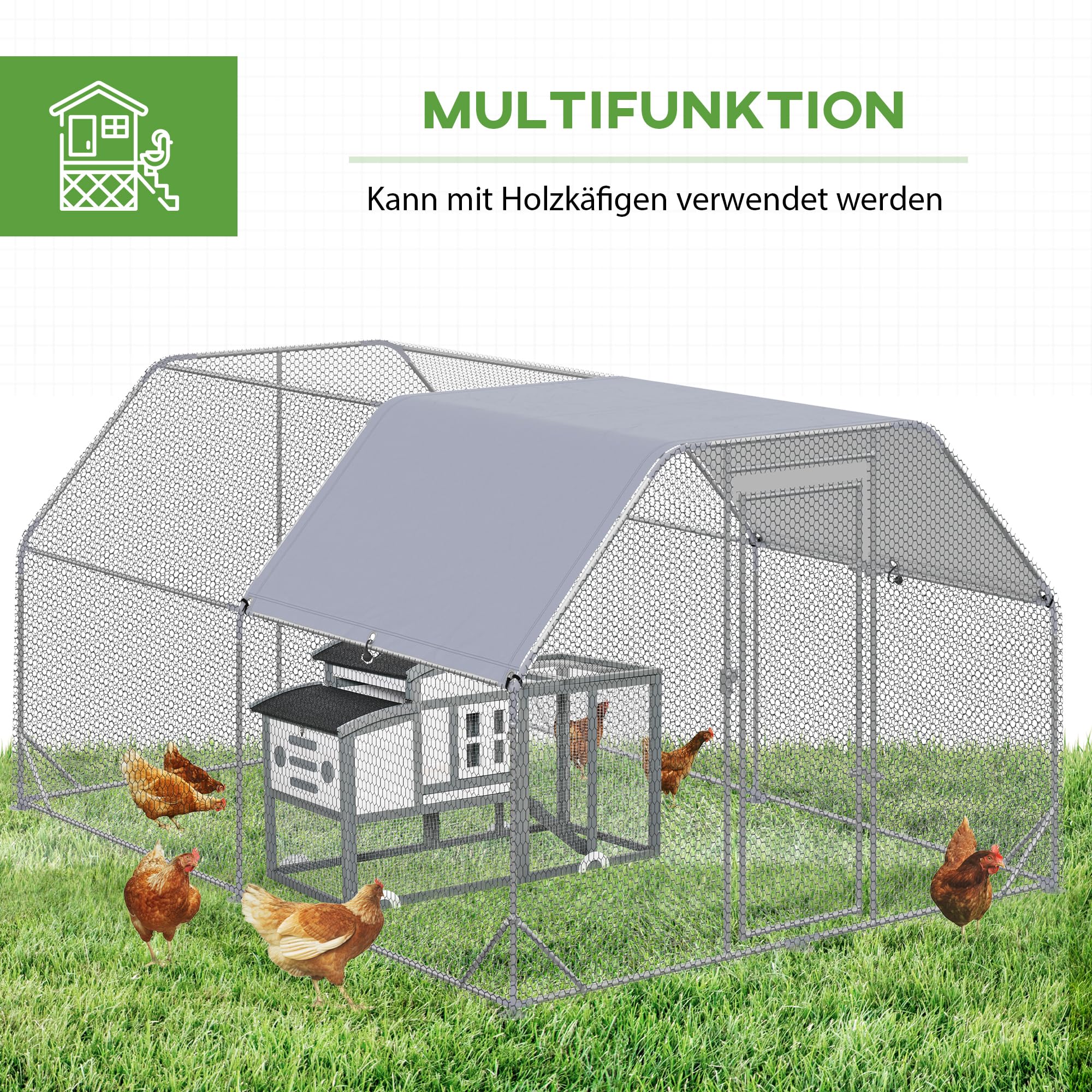 PawHut Hühnerstall Freilaufgehege mit Tür 280 x 380 x 195 cm Silber | Hühnerkäfig, Hühnergehege mit Wasserabweisendem Sonnenschutzdach, Geflügelstall für 10-12 Hühner, Oxford