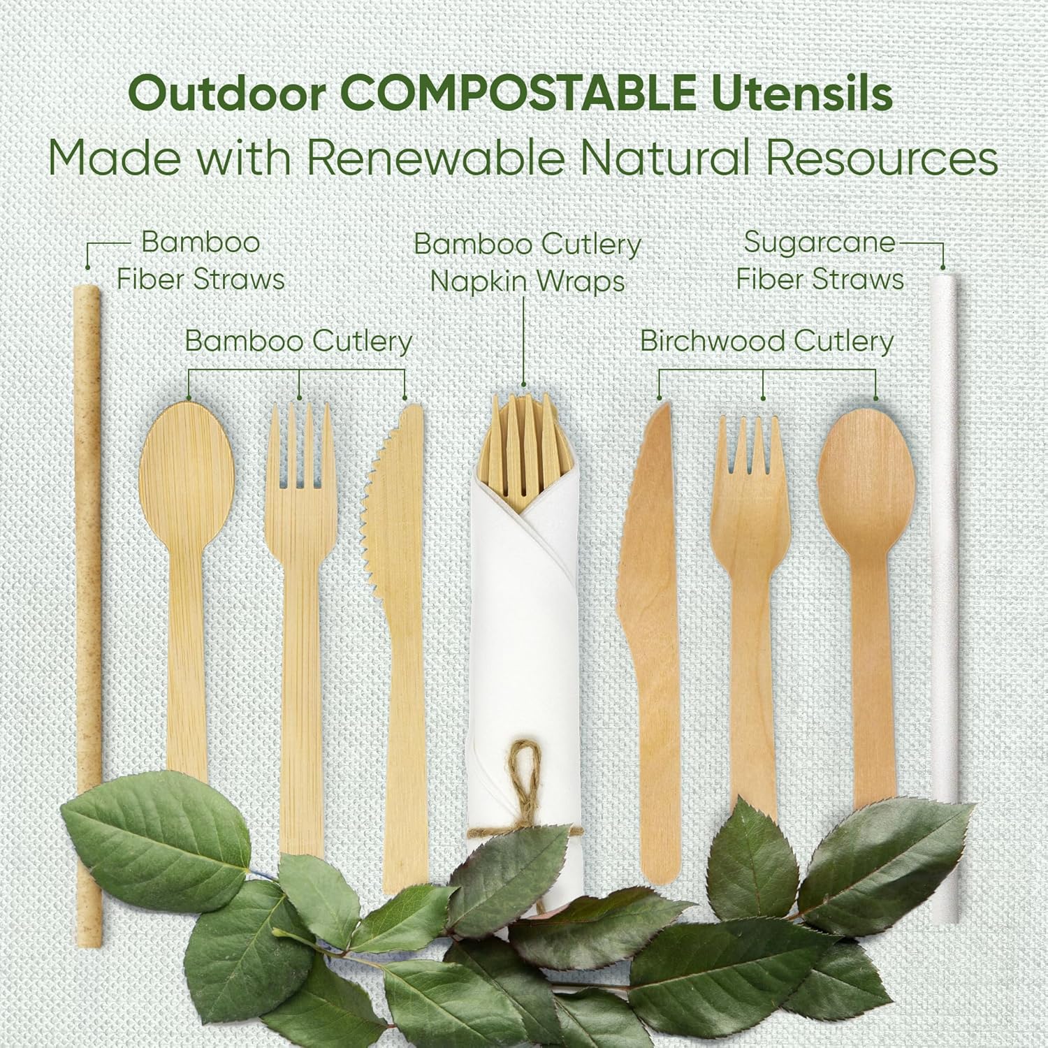 100% Compostable Bamboo Cutlery Set (250 PCS - 125 Forks, 75 Spoons, 50 Knives) Eco-Friendly, Natural, Biodegradable Disposable Utensils Set | Bamboo Disposable Forks, Knives, and Spoons Sets