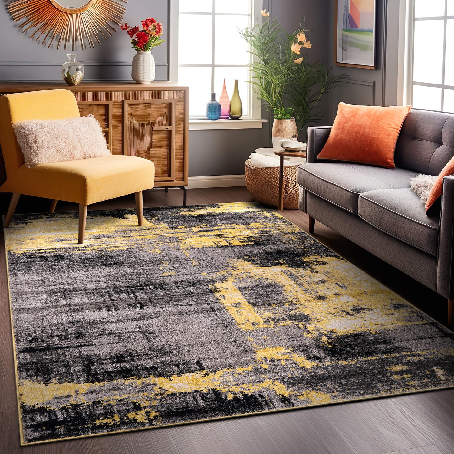 Rugshop Modern Abstract Design Non Shedding Soft Ideal for Living Room,Bedroom,Kitchen Area Rug 5' x 7' Yellow
