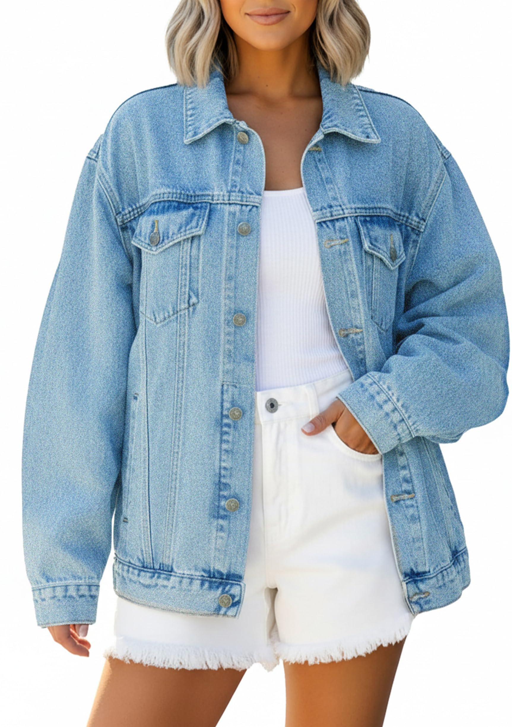 JMOJO Oversized Denim Jacket Women - Trendy Drop Shoulder Jean Jacket - Loose Fit Boyfriend Style Nashville Outfits for Women