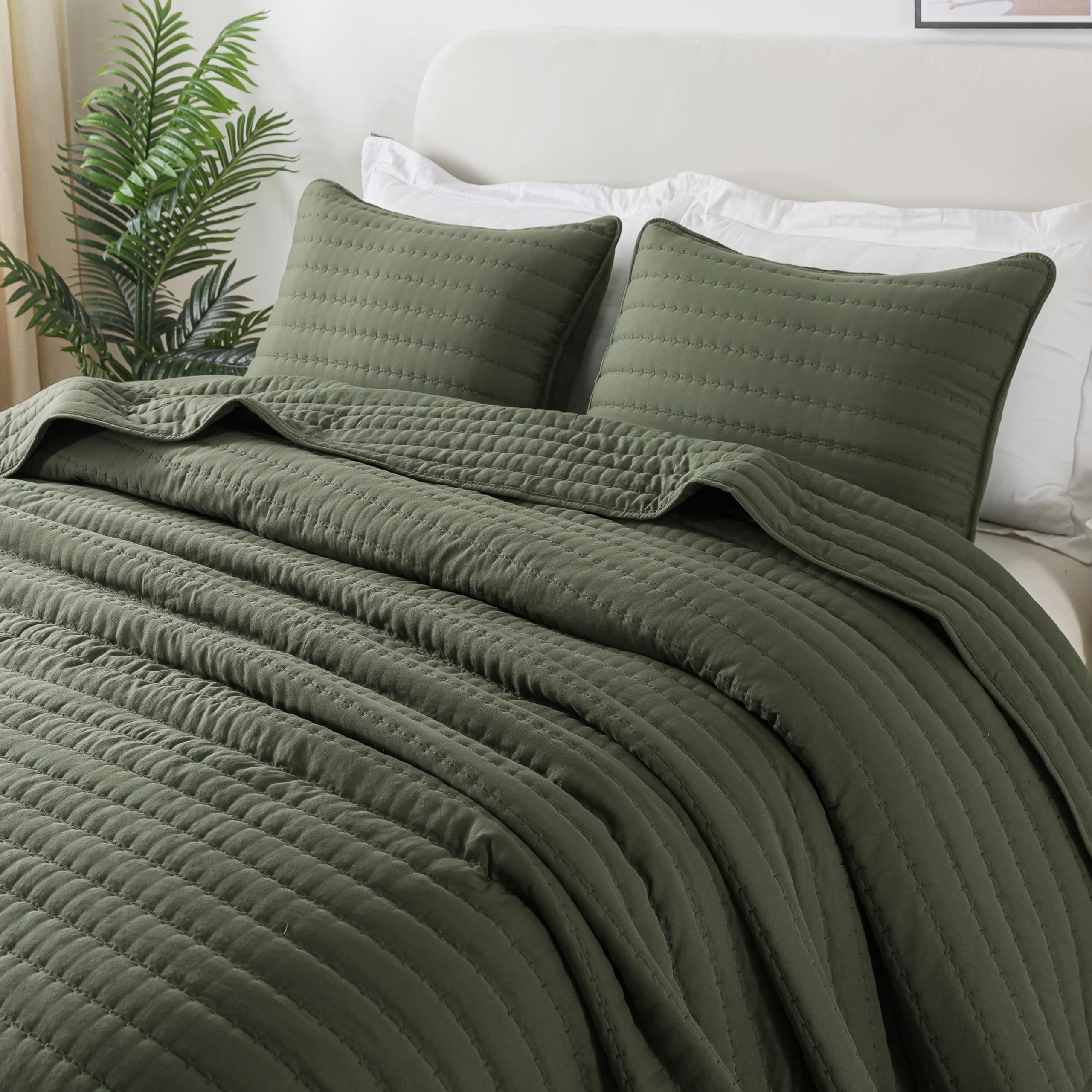 Photo 1 of ROARINGWILD Olive Green Twin Size Quilt Set, Striped Pick Stitch Lightweight Bedspread, Soft Channel Farmhouse Rustic Coverlet, Spring Summer Thin Comforter, Country Bedding, 68x90 inches