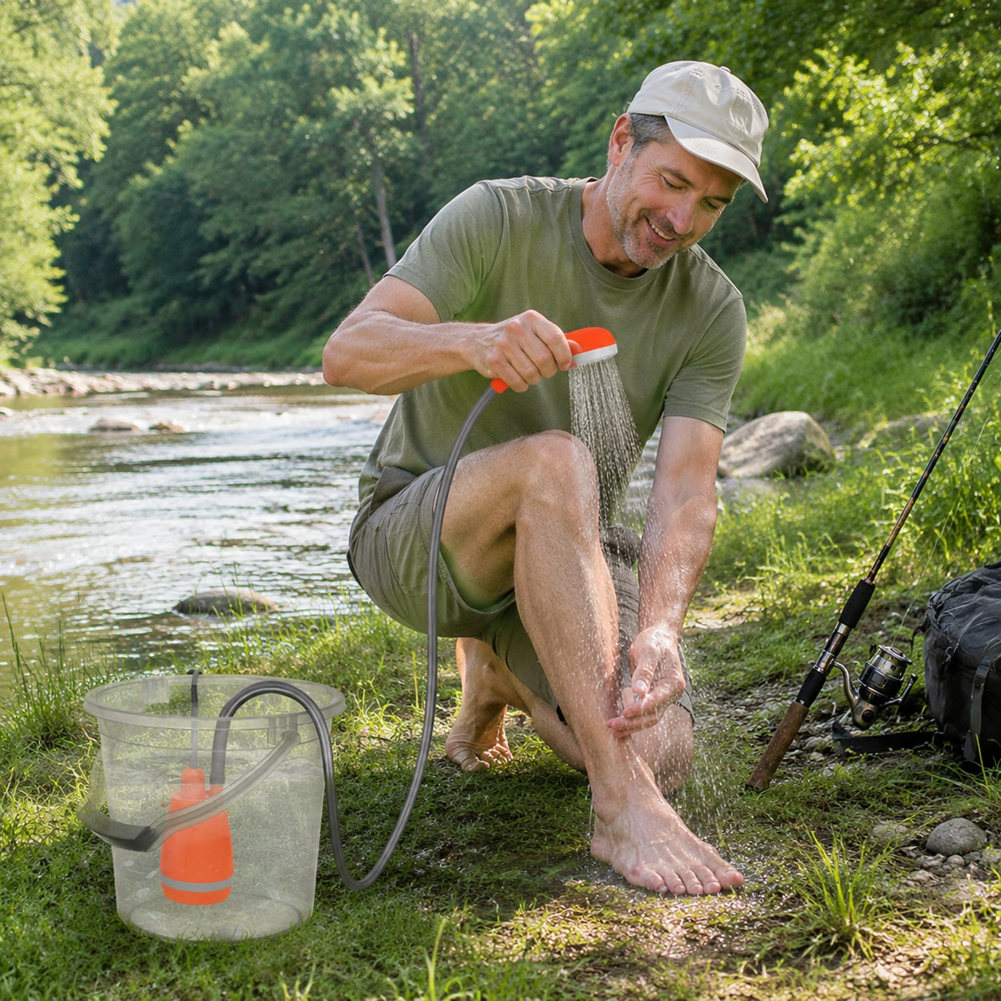 Tragbare Campingdusche mit Akku Tauchpumpe, 3 L/min Durchfluss, 2,3 m Schlauch, Handbrause & Wasserpistole, Saugnapf Haken, mobiles Duschset für Camping Garten Hundewäsche Autowäsche