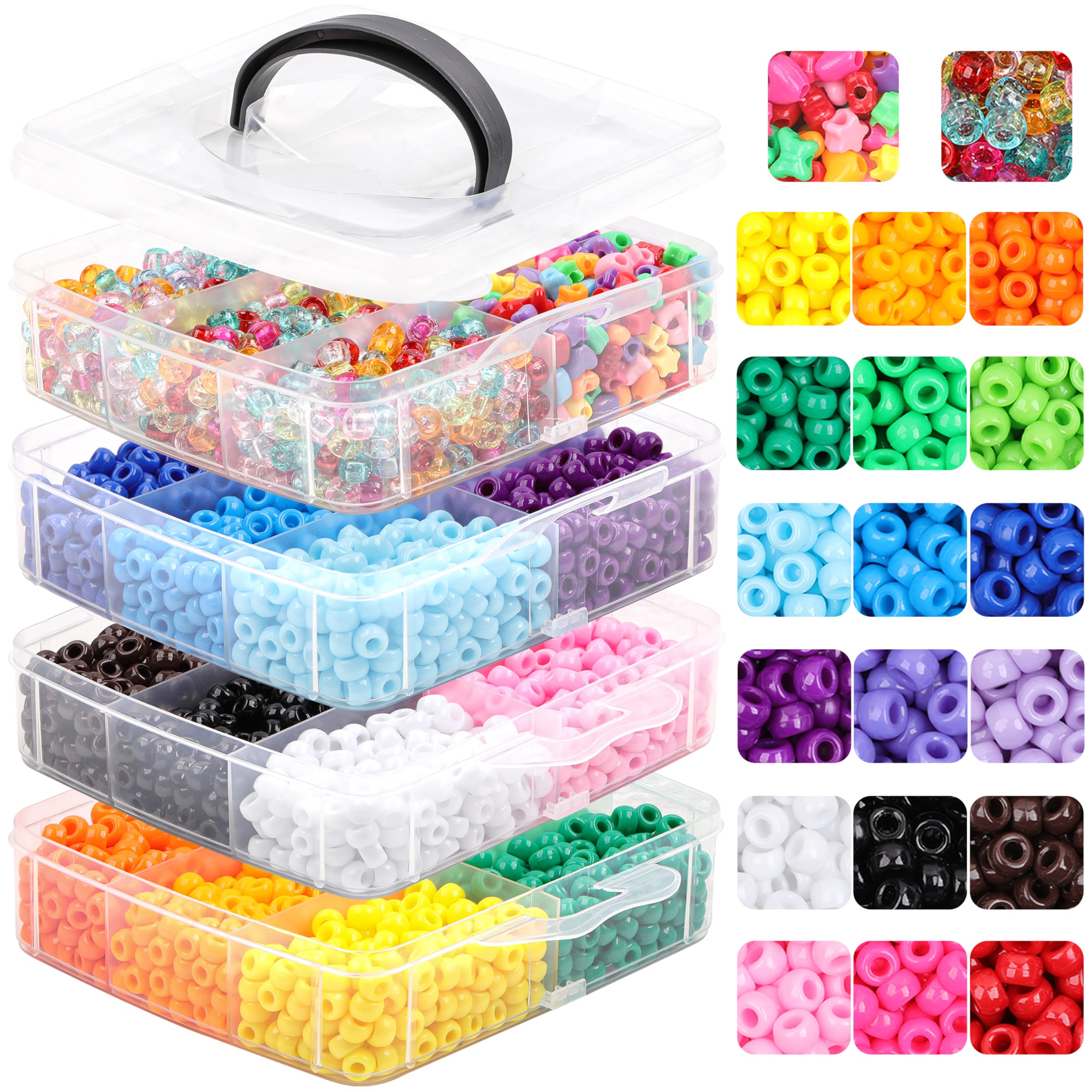 KAKW Pony Beads for Bracelets 4800 Pcs Plastic Beads for Friendship Bracelets Necklace 6x9mm 18 Solid Color Beads 8 Colors Pony Beads Shapes 10 Colors Glitter Beads for Jewelry Making Supplies