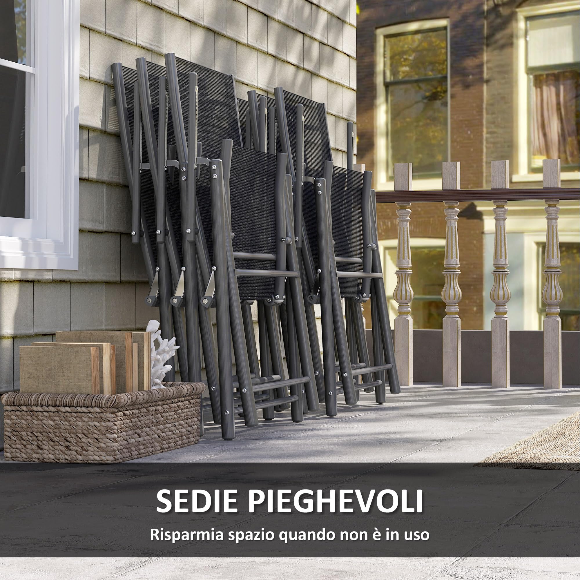 Outsunny Set Tavolo e Sedie da Esterno 7 Pezzi, Tavolo Allungabile con Piano in Vetro, 6 Sedie Pieghevoli con Braccioli, Acciaio e Textilene, Grigio