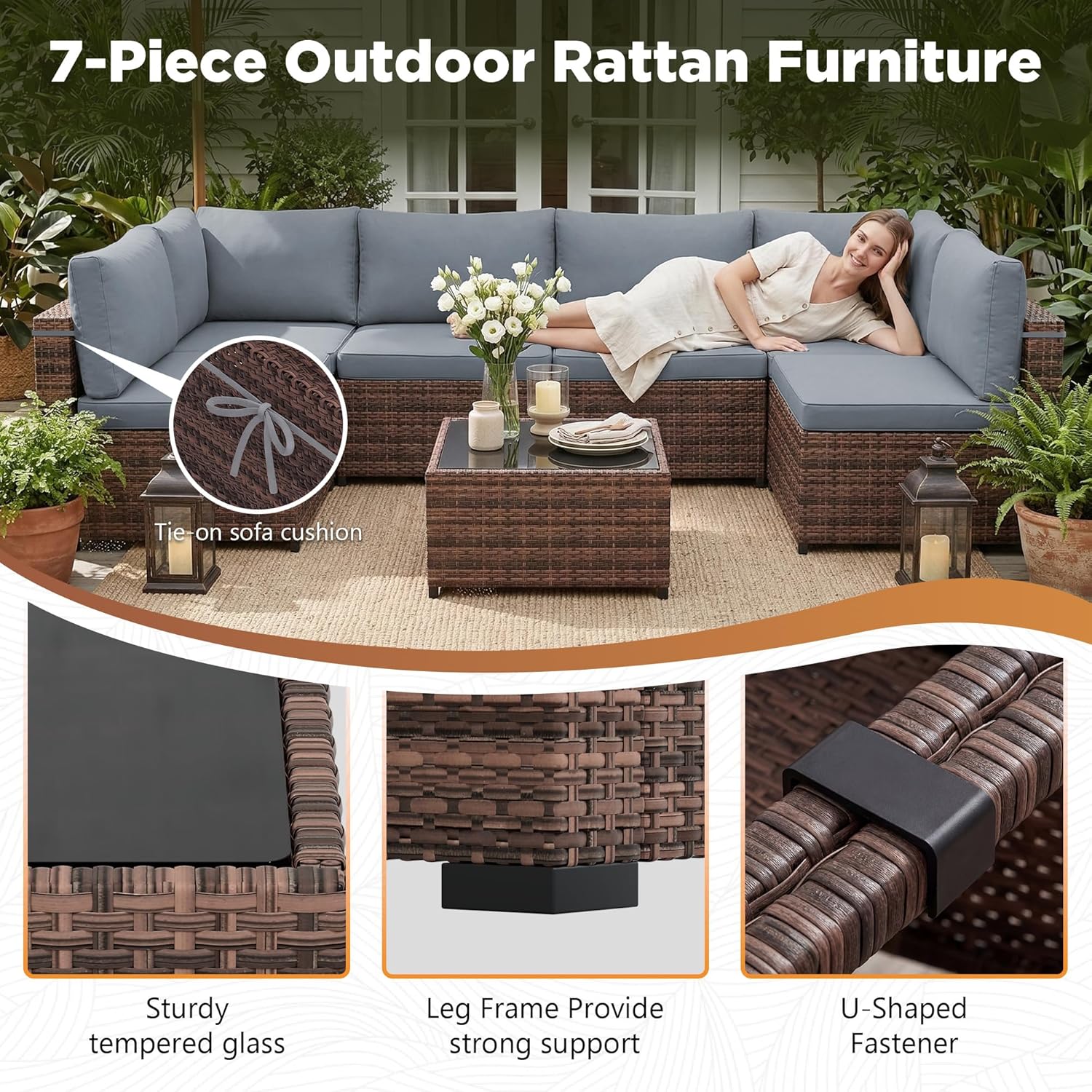LHBcraft Patio Furniture Set,7 Pieces Outdoor Wicker Rattan Patio Furniture, Wicker Rattan Outdoor Sectional Sofa Set with Coffee Table for Garden, Taupe-Blue