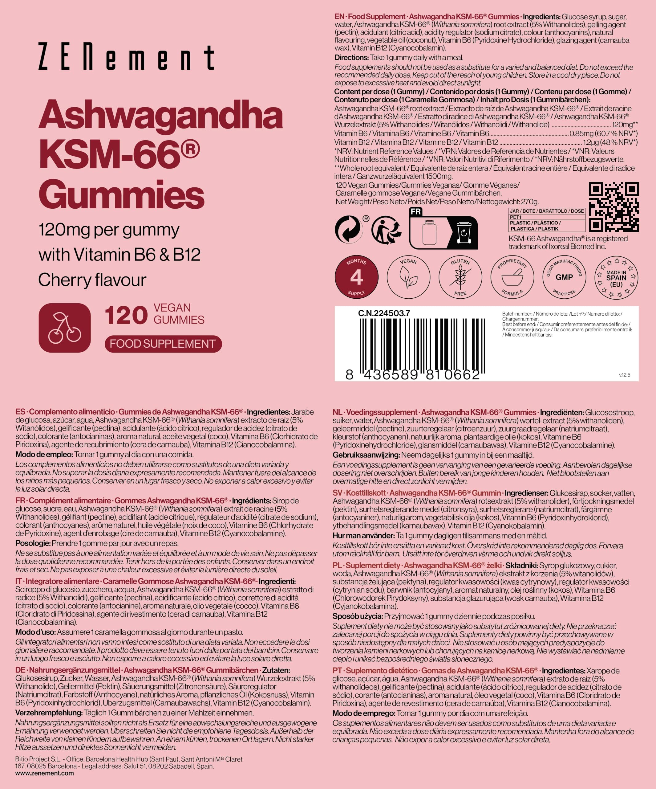 Gommes à l’Ashwagandha KSM-66® avec Vitamines B6 et B12-1500 mg de Racine d’Ashwagandha (120 mg d’Extrait par Gomme) - 120 Gommes Véganes Goût Cerise - 4 Mois d’Approvisionnement – Zenement
