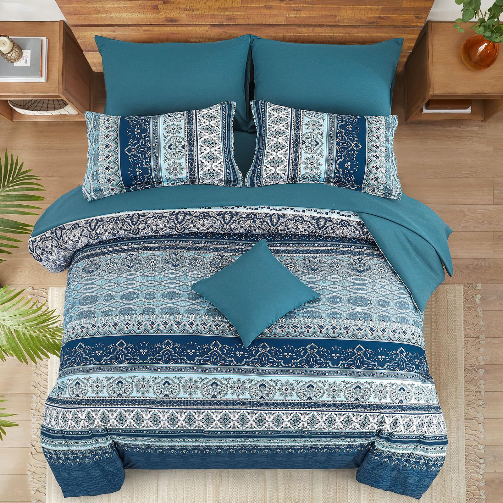 WONGS BEDDING Bohemian Double Duvet Cover Set Navy Blue Colorful Boho Striped Bedding Set including 2 Pillowcases Soft Microfiber Moroccan Quilt Cover 200x200cm