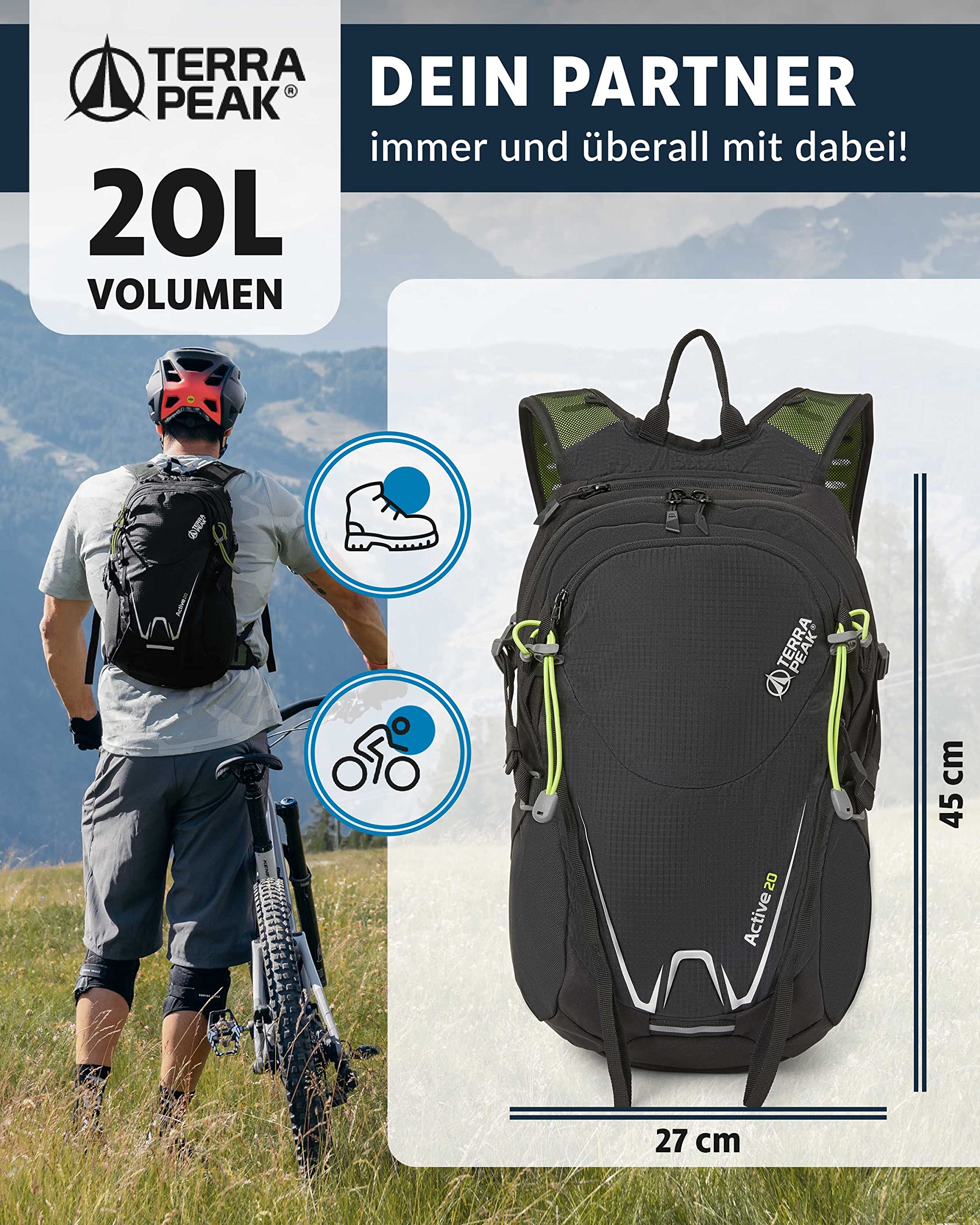 Terra Peak® Premium Wanderrucksack 20L (ACTIVE 20) Damen & Herren klein - Trekkingrucksack ergonomisch mit Rückenbelüftung, Regenschutz & Trinksystemhalterung - Rucksack aus 3D Air Mesh & Hüftgurt