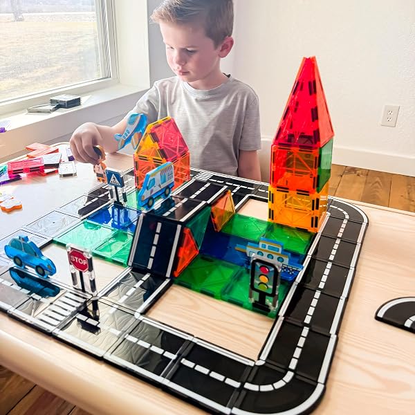 104 PCS Magnetic Tiles Road Set, STEM Construction Toys for Kids Ages 3-5 5-7 4-8, Magnet Building Blocks for Toddler Toys Games, Christmas Birthday Gifts for 3+ Year Old Boys Girls - 4