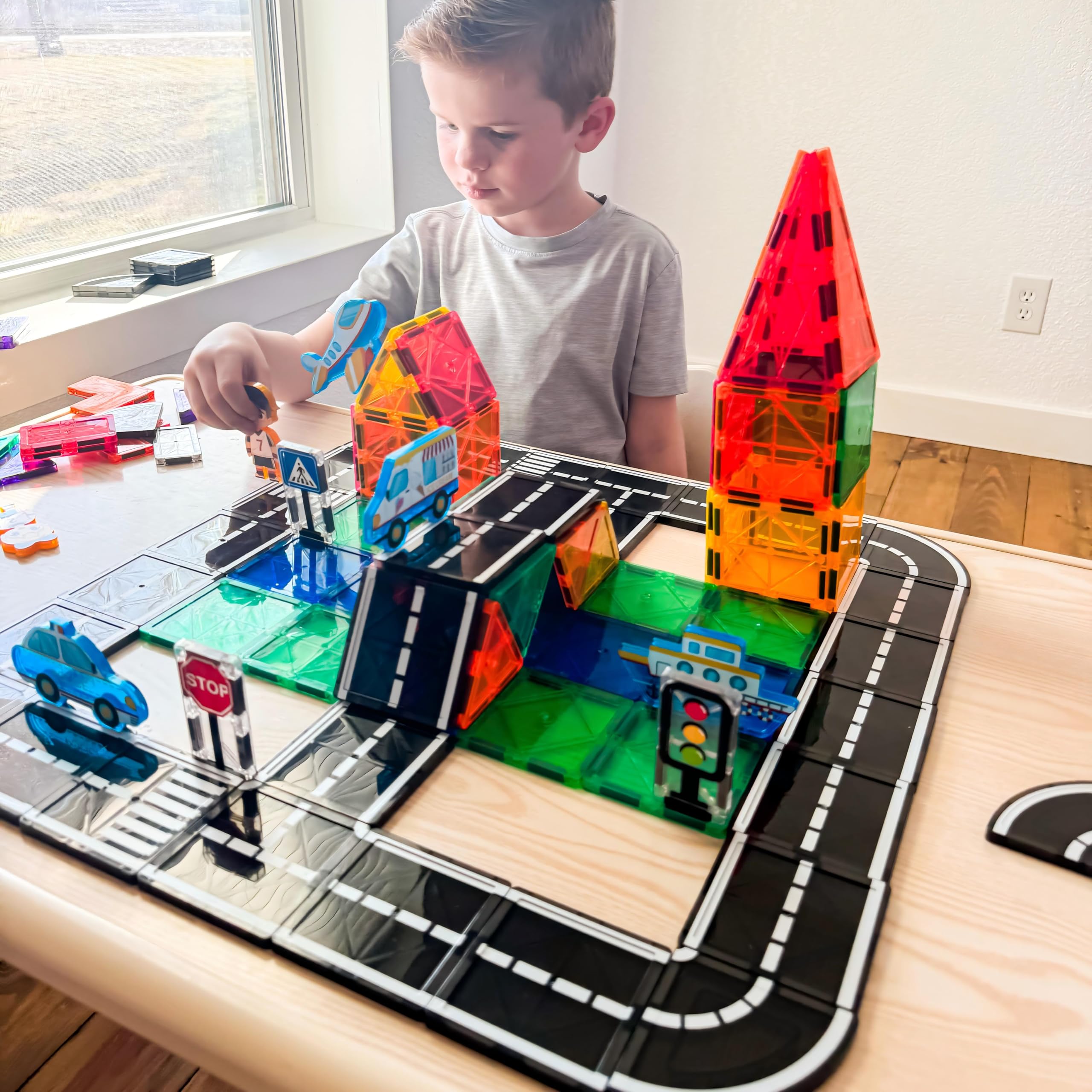 104 PCS Magnetic Tiles Road Set, STEM Construction Toys for Kids Ages 3-5 5-7 4-8, Magnet Building Blocks for Toddler Toys Games, Christmas Birthday Gifts for 3+ Year Old Boys Girls - 4